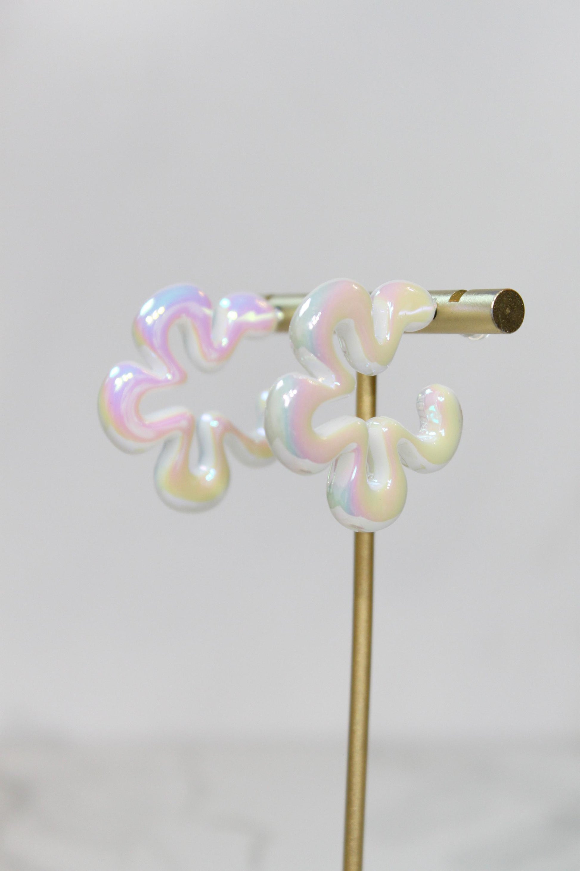 Iridescent White Wavy Flower Hoop Earrings | High-Gloss Shimmer Flower Hoops | Pastel Statement Jewelry | Modern Coastal Dangles