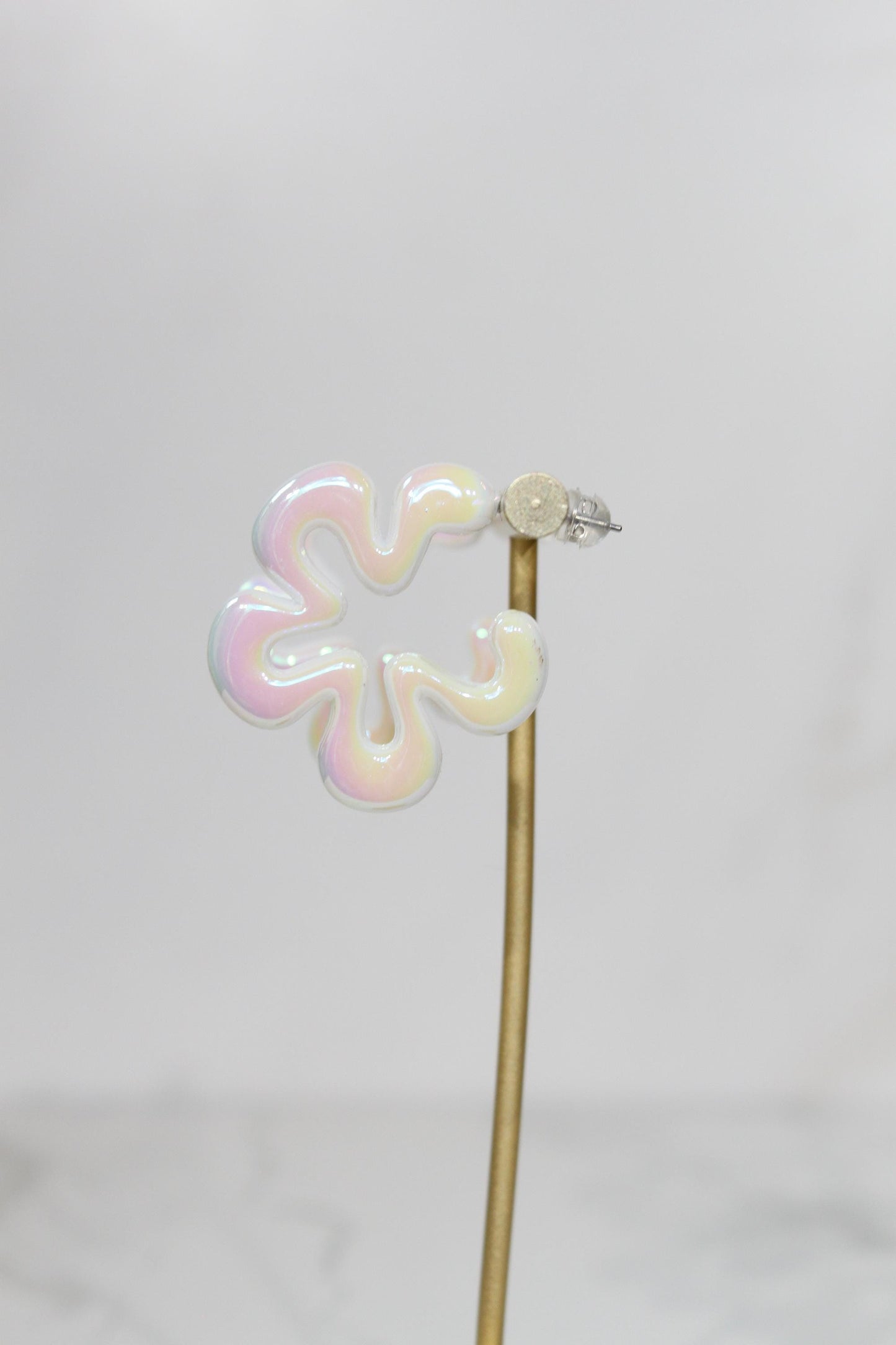 Iridescent White Wavy Flower Hoop Earrings | High-Gloss Shimmer Flower Hoops | Pastel Statement Jewelry | Modern Coastal Dangles