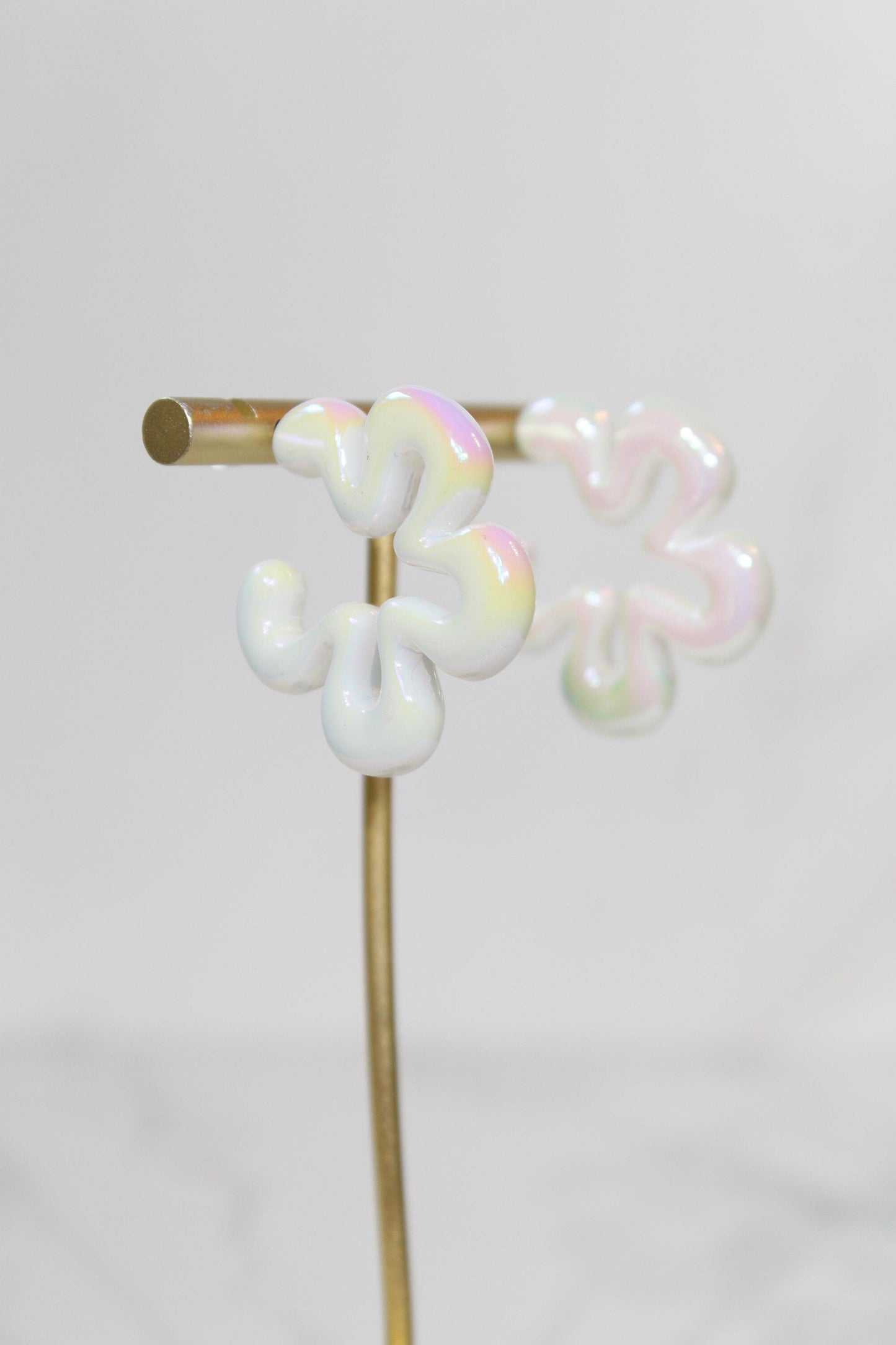 Iridescent White Wavy Flower Hoop Earrings | High-Gloss Shimmer Flower Hoops | Pastel Statement Jewelry | Modern Coastal Dangles