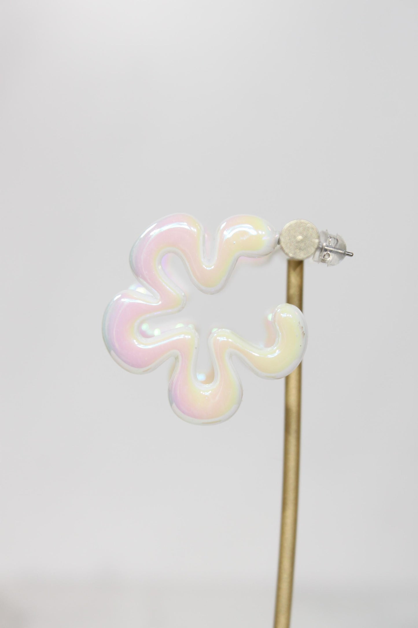 Iridescent White Wavy Flower Hoop Earrings | High-Gloss Shimmer Flower Hoops | Pastel Statement Jewelry | Modern Coastal Dangles