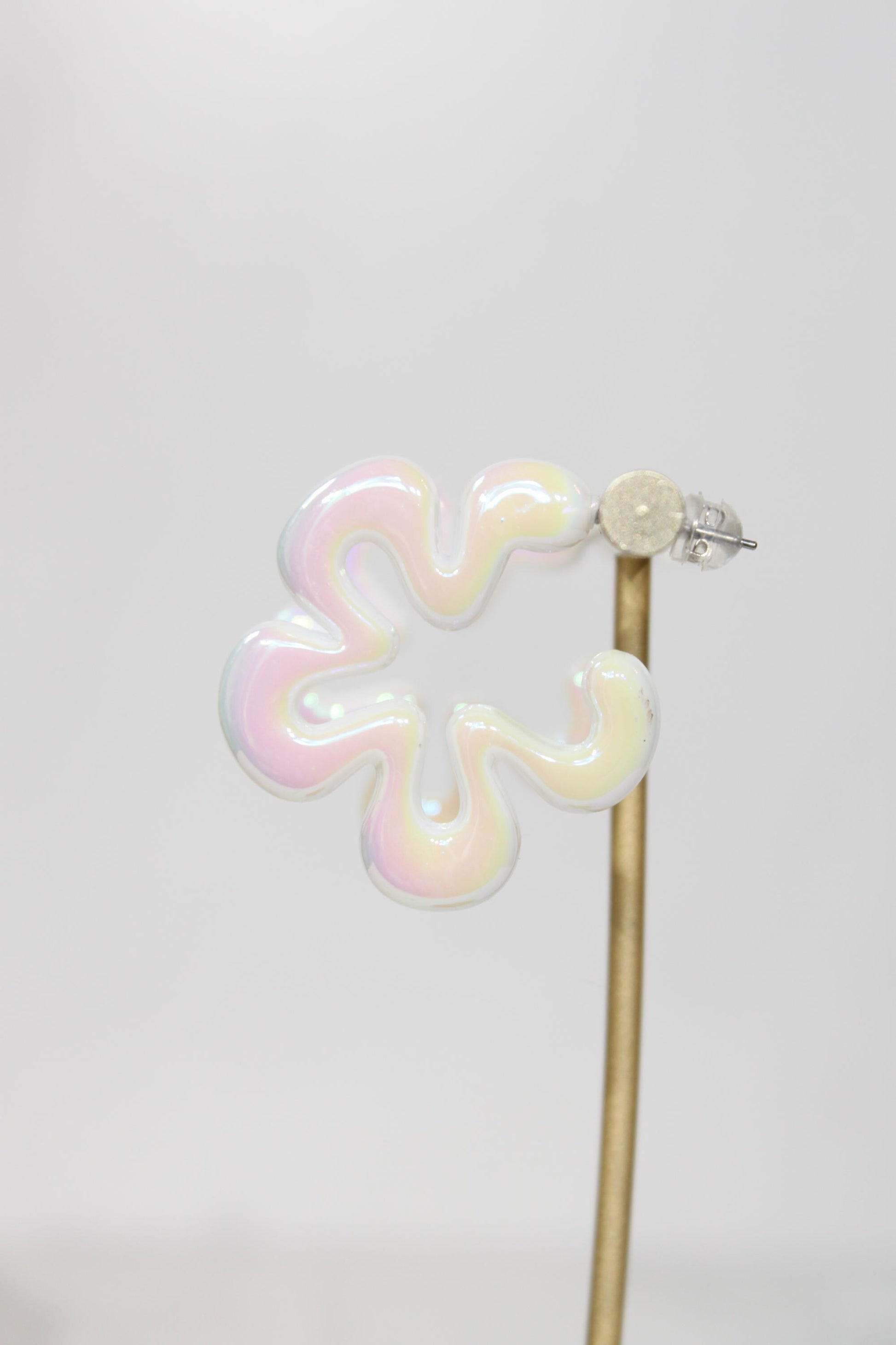 Iridescent White Wavy Flower Hoop Earrings | High-Gloss Shimmer Flower Hoops | Pastel Statement Jewelry | Modern Coastal Dangles