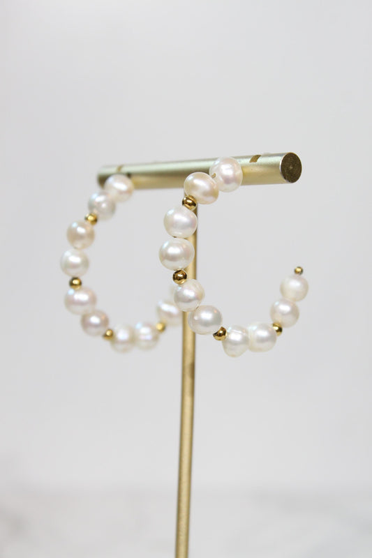 Irregular Natural Pearls Beads Hoop Earrings | Gold Accent Statement Hoops | Romantic Bridal & Everyday Coastal Luxury Jewelry