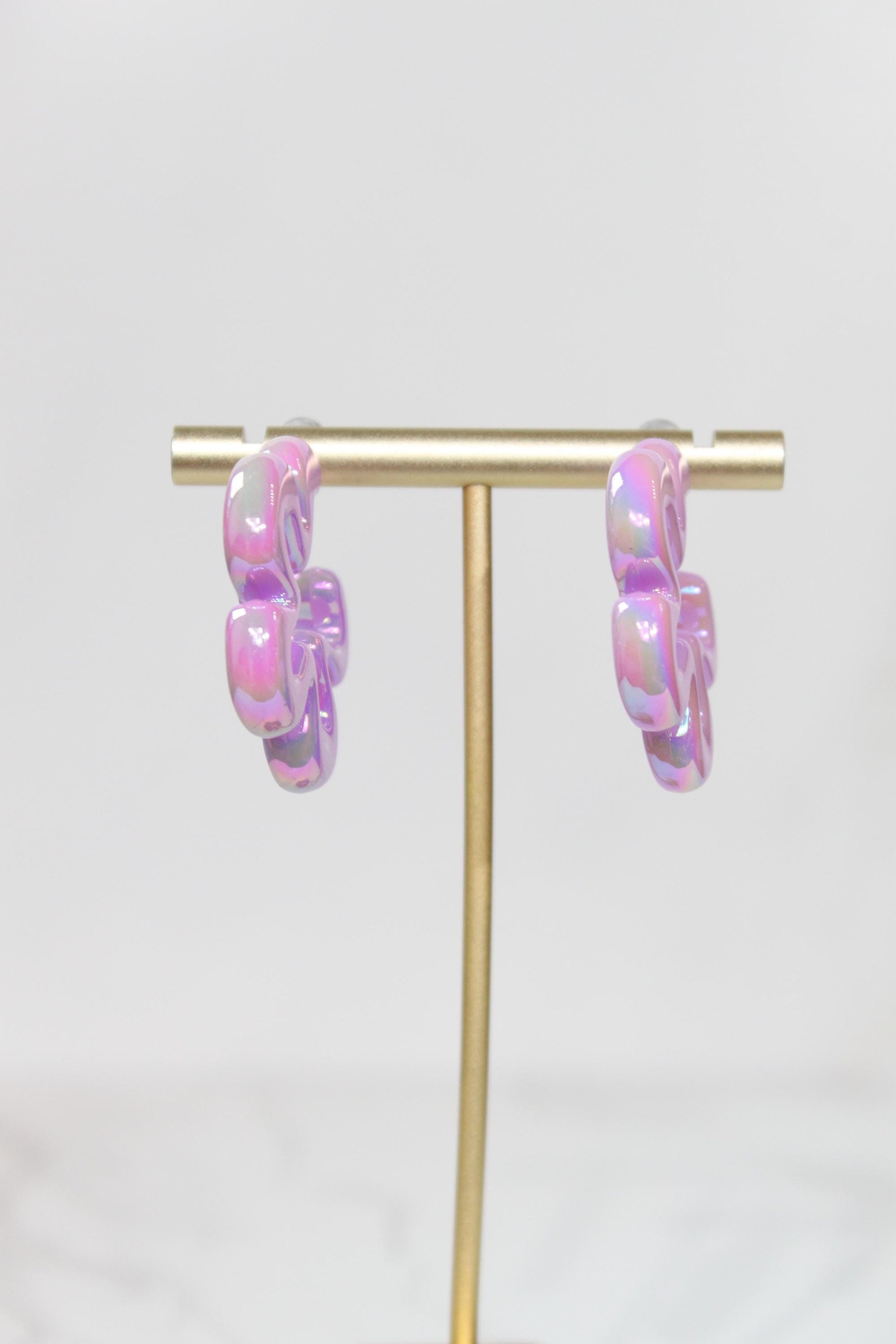 Iridescent Purple Wavy Flower Hoop Earrings | High-Gloss Shimmer Flower Hoops | Pastel Statement Jewelry | Modern Coastal Dangles