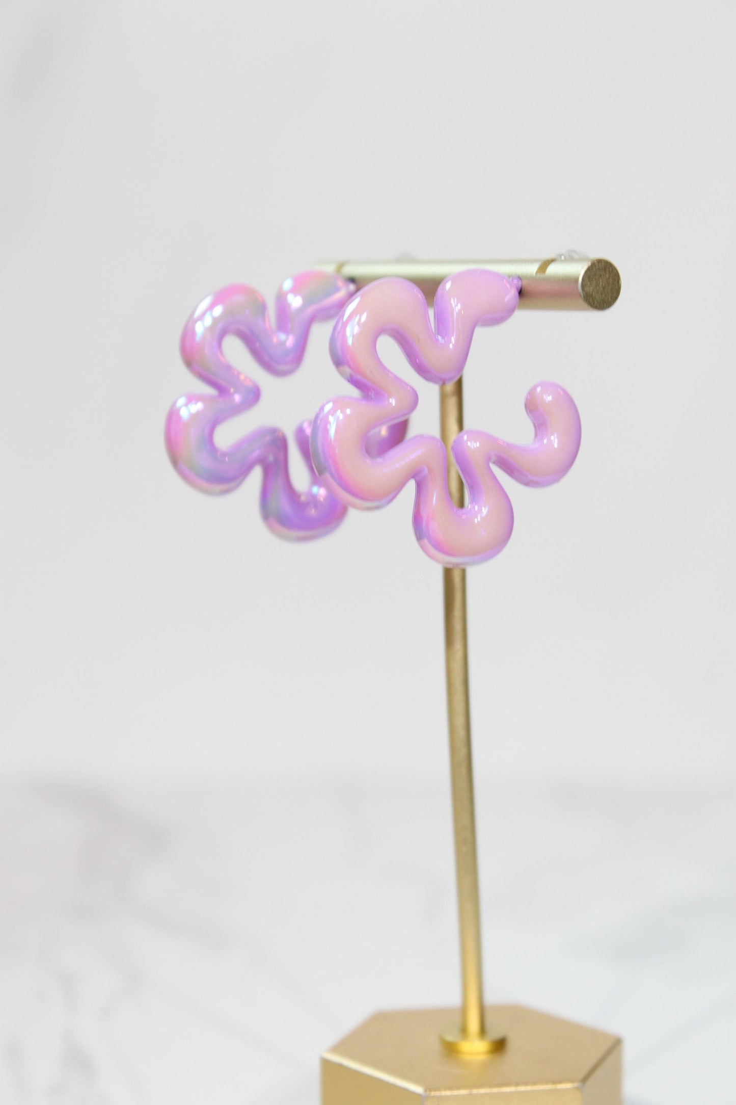 Iridescent Purple Wavy Flower Hoop Earrings | High-Gloss Shimmer Flower Hoops | Pastel Statement Jewelry | Modern Coastal Dangles