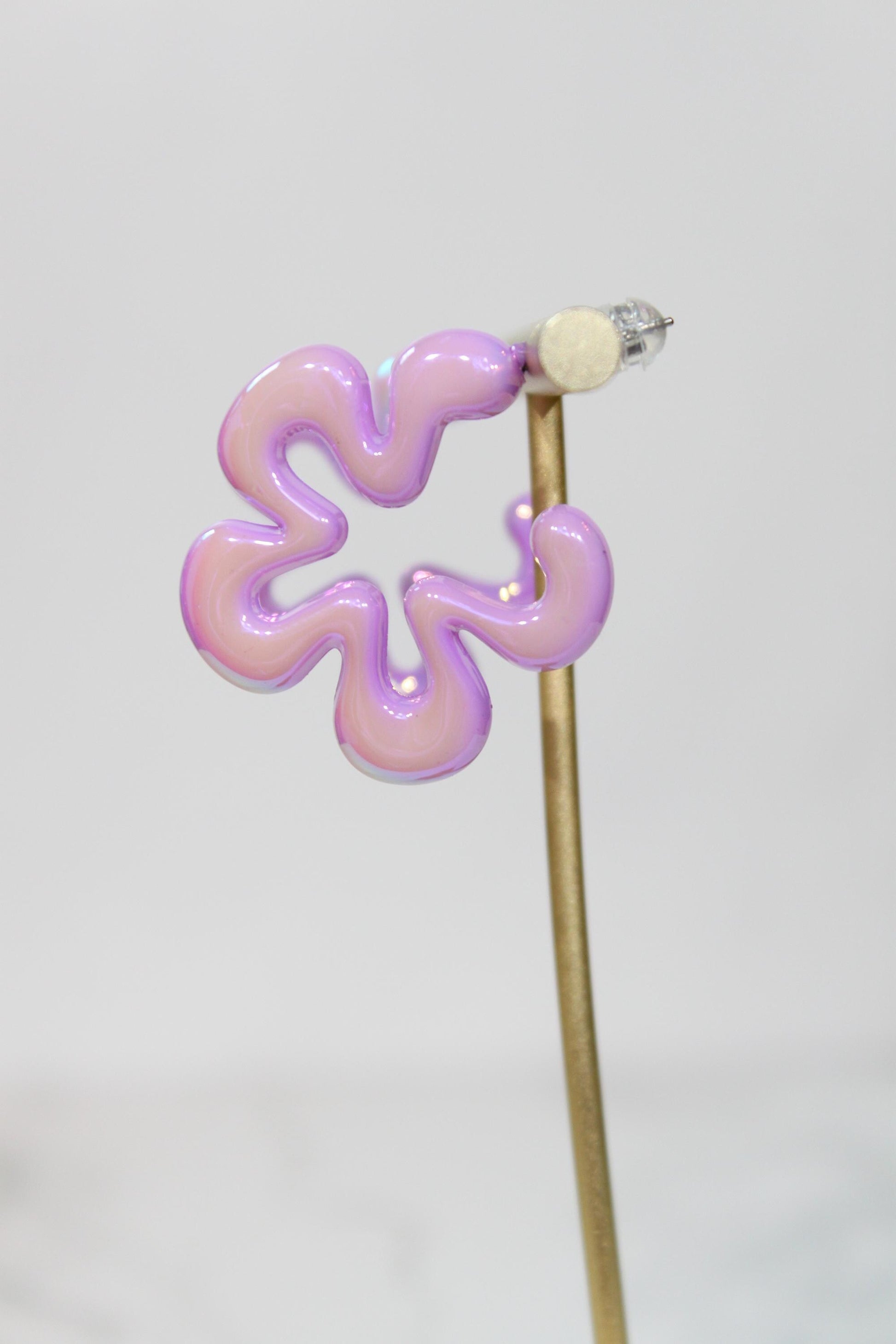 Iridescent Purple Wavy Flower Hoop Earrings | High-Gloss Shimmer Flower Hoops | Pastel Statement Jewelry | Modern Coastal Dangles