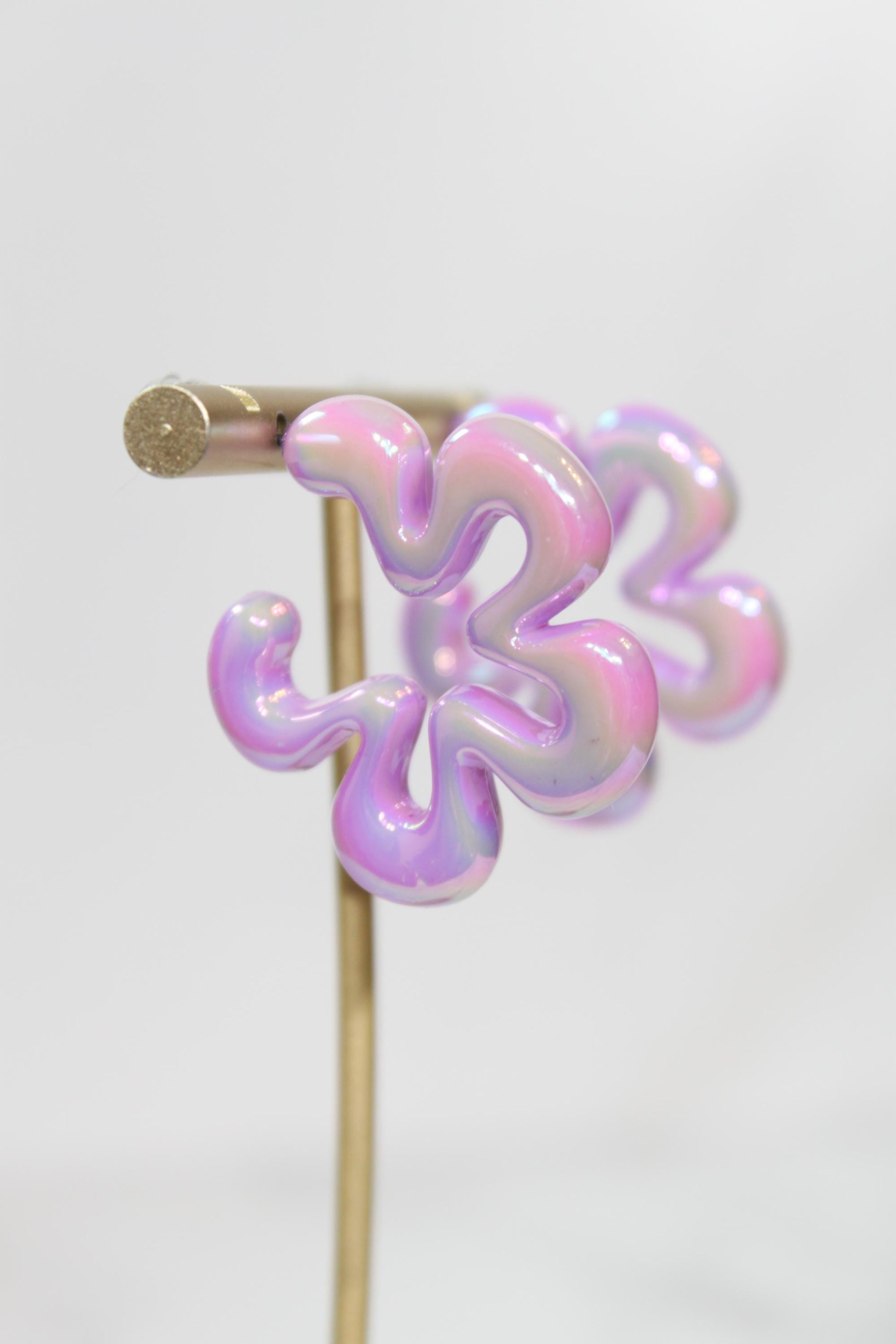 Iridescent Purple Wavy Flower Hoop Earrings | High-Gloss Shimmer Flower Hoops | Pastel Statement Jewelry | Modern Coastal Dangles