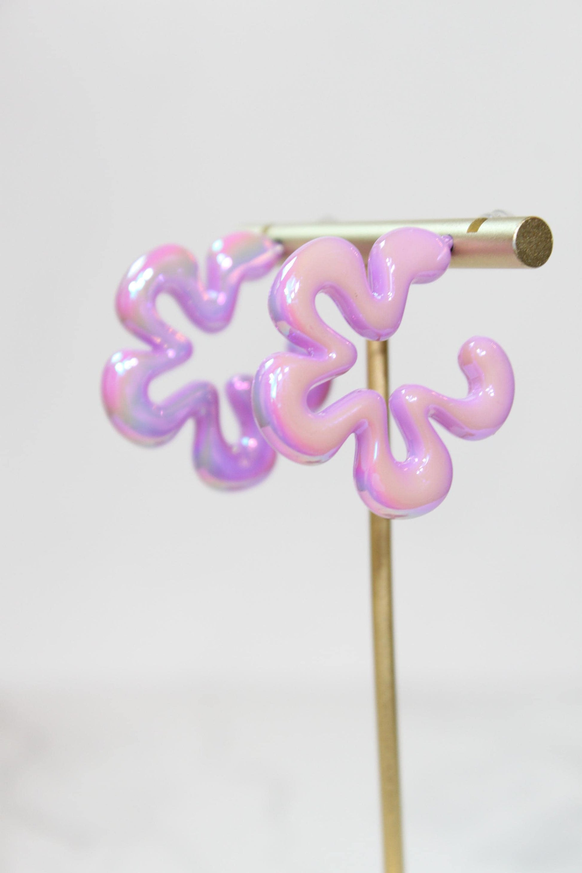 Iridescent Purple Wavy Flower Hoop Earrings | High-Gloss Shimmer Flower Hoops | Pastel Statement Jewelry | Modern Coastal Dangles