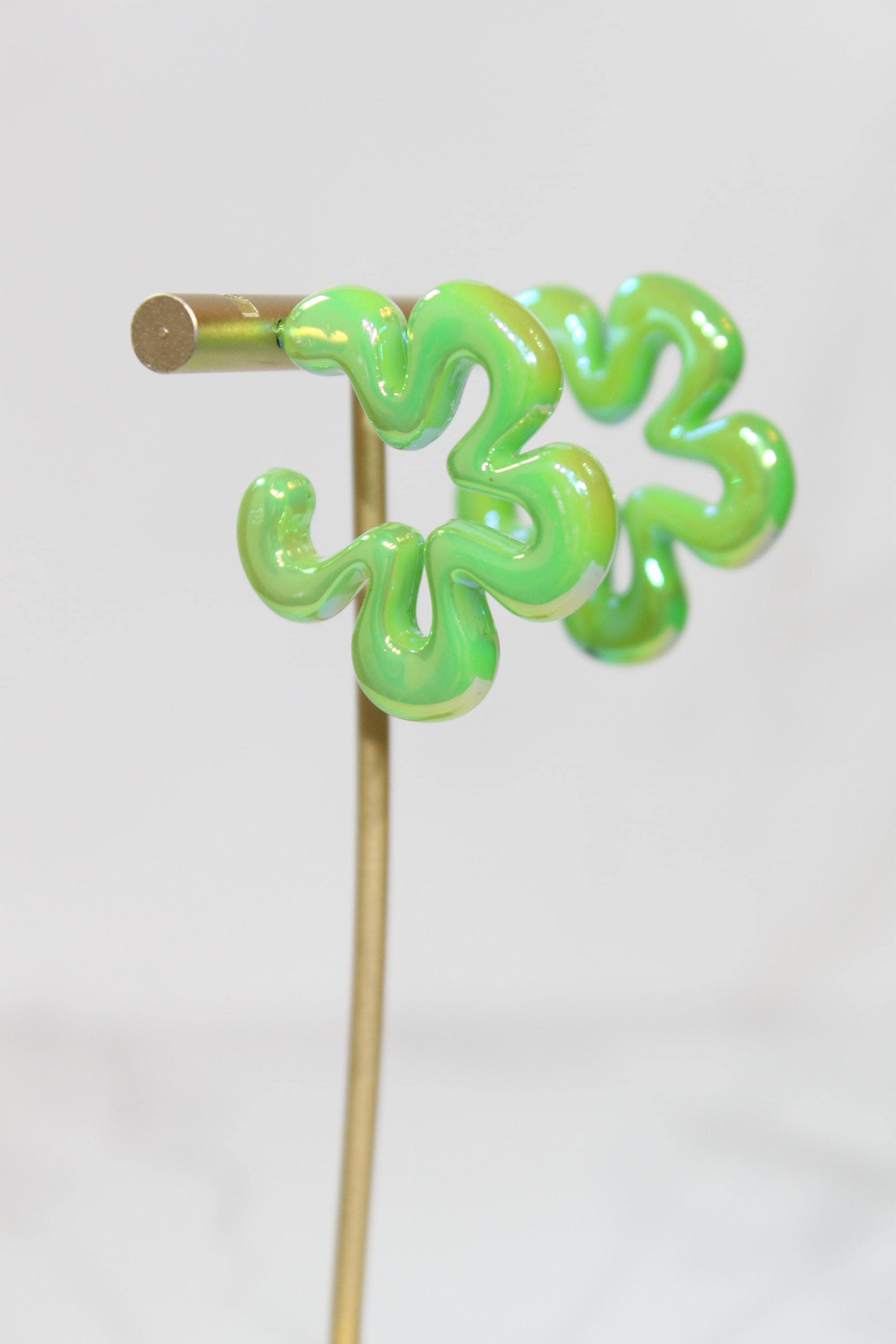 Iridescent Green Wavy Flower Hoop Earrings | High-Gloss Shimmer Flower Hoops | Pastel Statement Jewelry | Modern Coastal Dangles