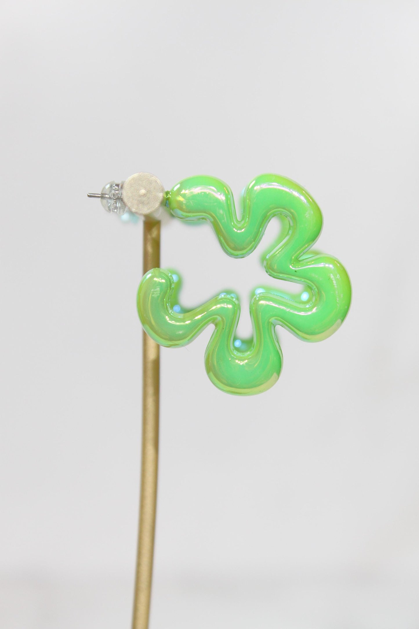Iridescent Green Wavy Flower Hoop Earrings | High-Gloss Shimmer Flower Hoops | Pastel Statement Jewelry | Modern Coastal Dangles