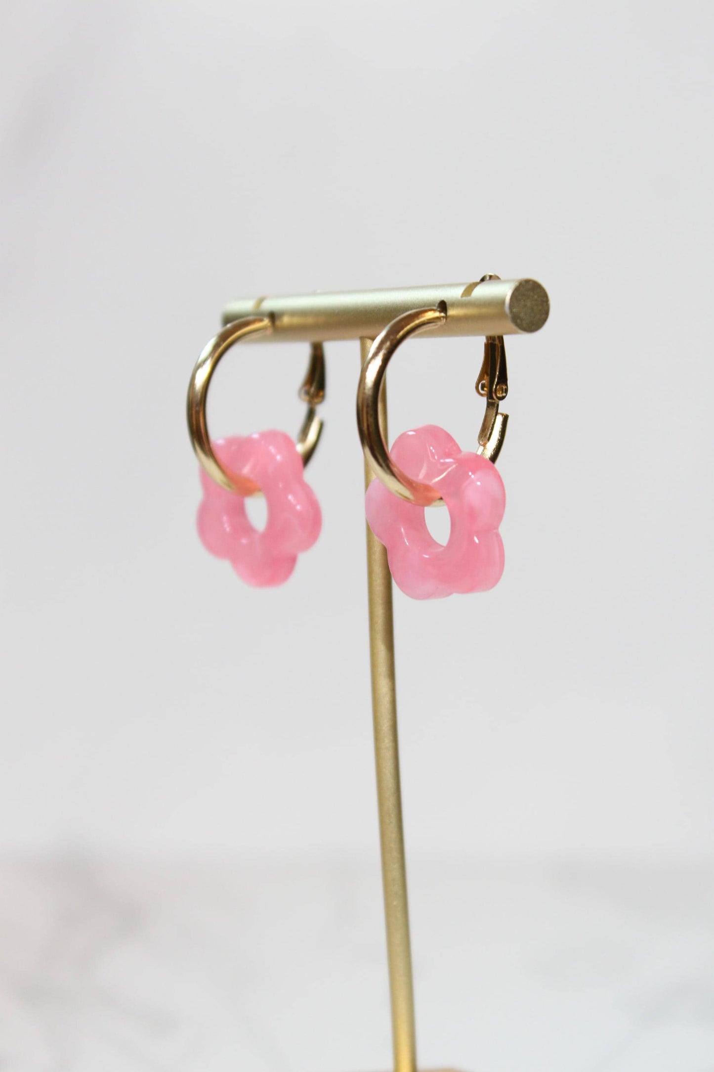 Bright Pink Flower Huggie Hoop Earrings