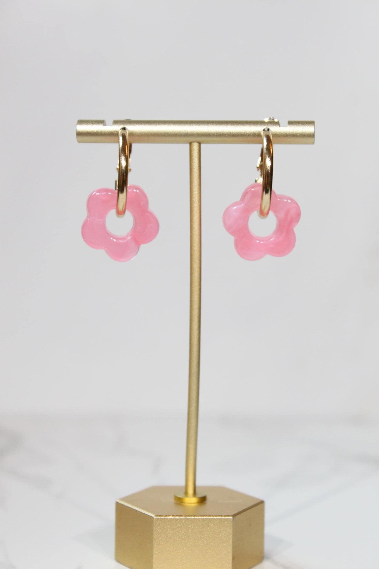 Bright Pink Flower Huggie Hoop Earrings