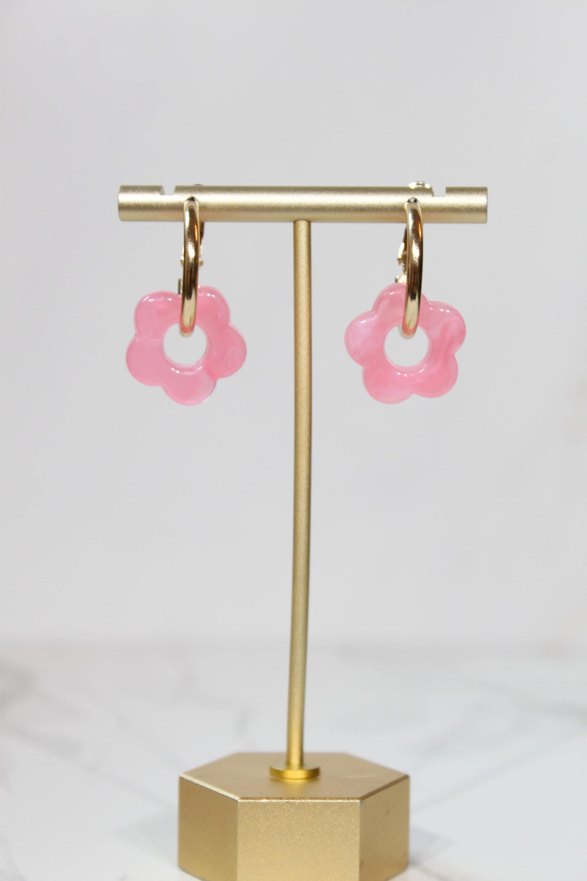 Bright Pink Flower Huggie Hoop Earrings