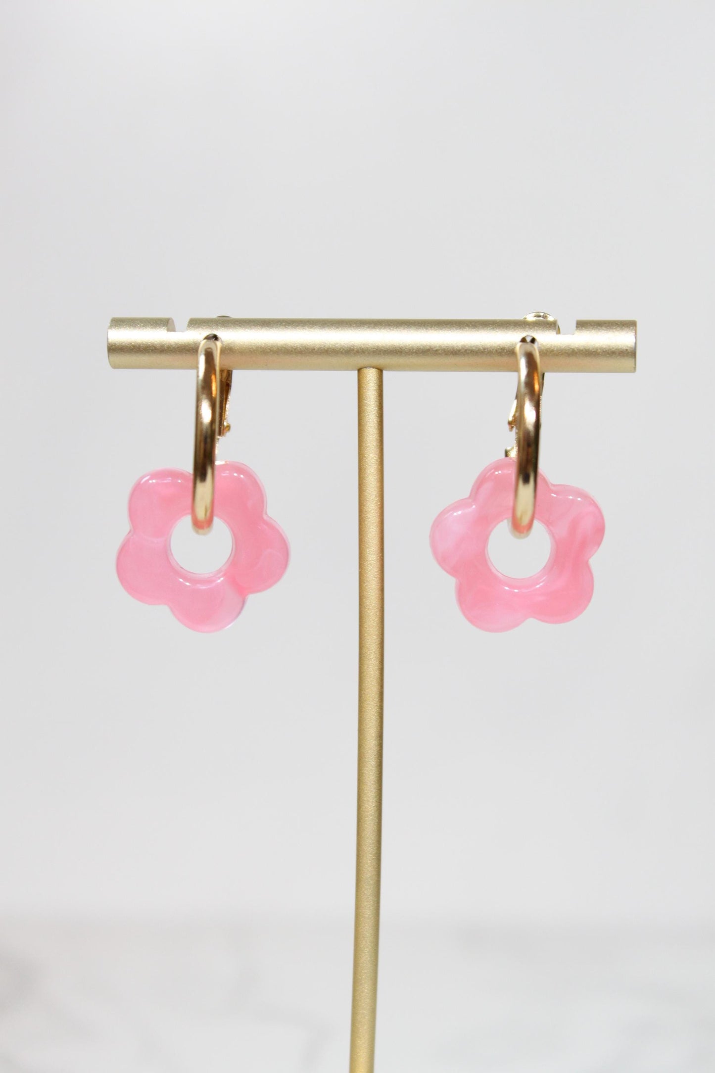 Bright Pink Flower Huggie Hoop Earrings