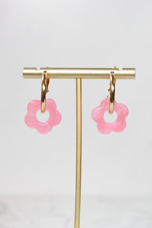Bright Pink Flower Huggie Hoop Earrings