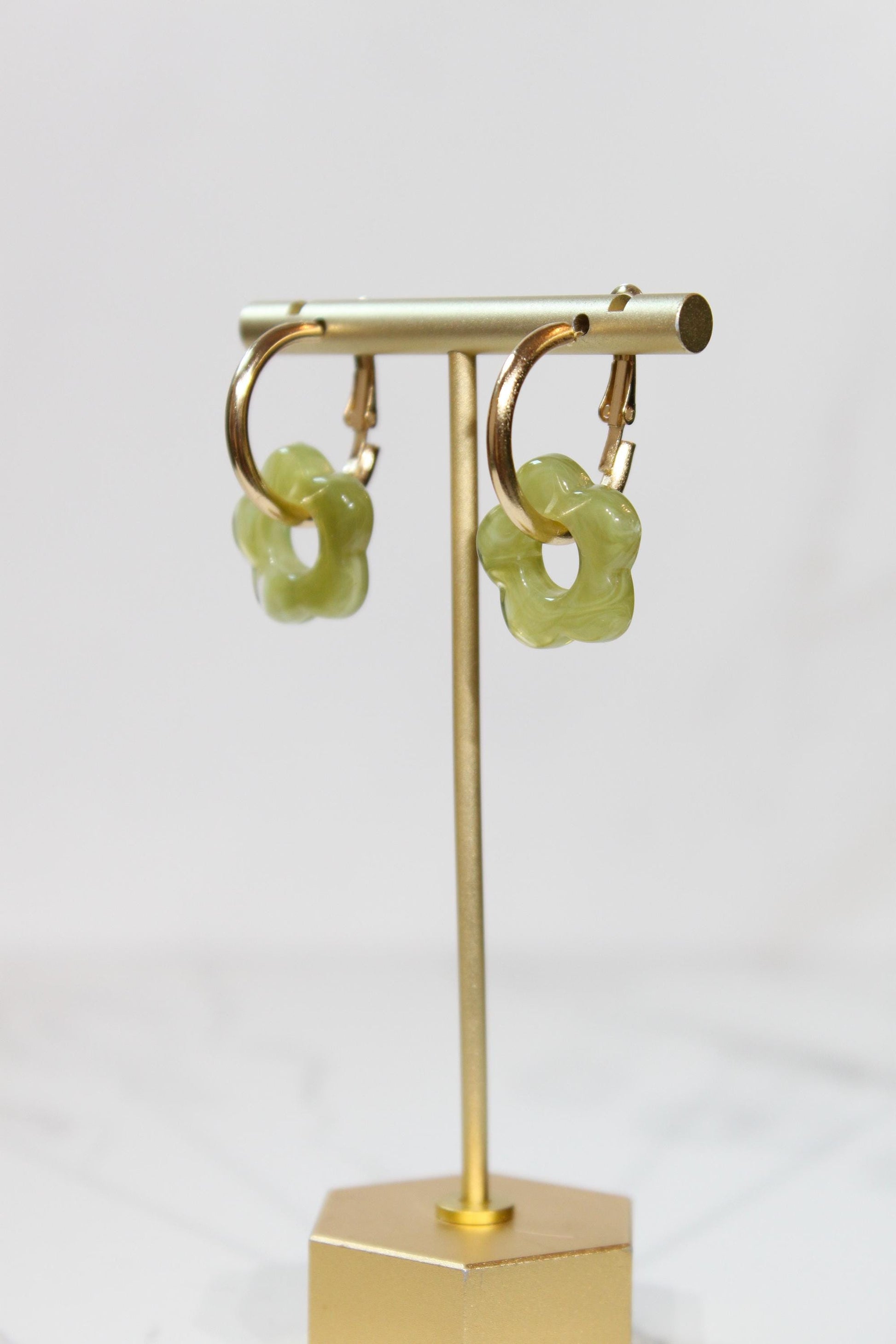 Olive Green Flower Huggie Hoop Earrings