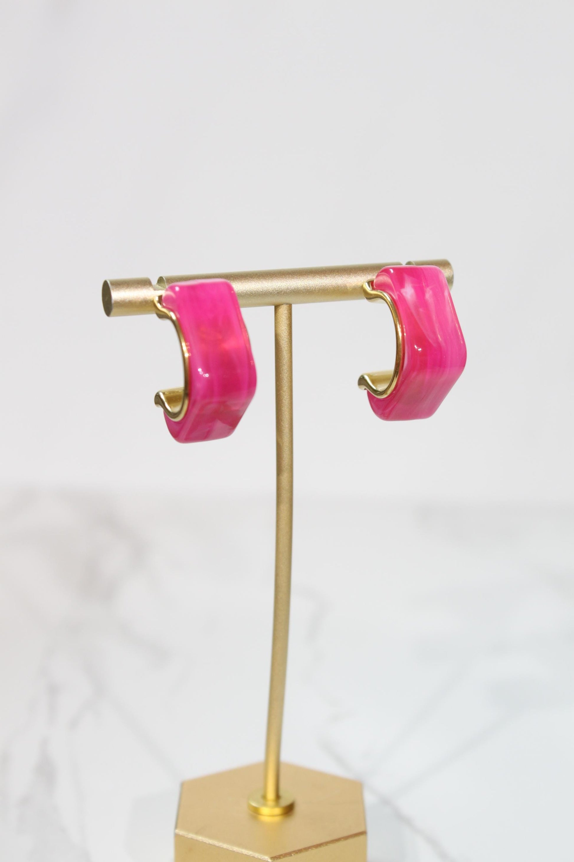 Vibrant Hot Pink Geometric Hoop Earrings | Chunky Magenta Resin Hoops