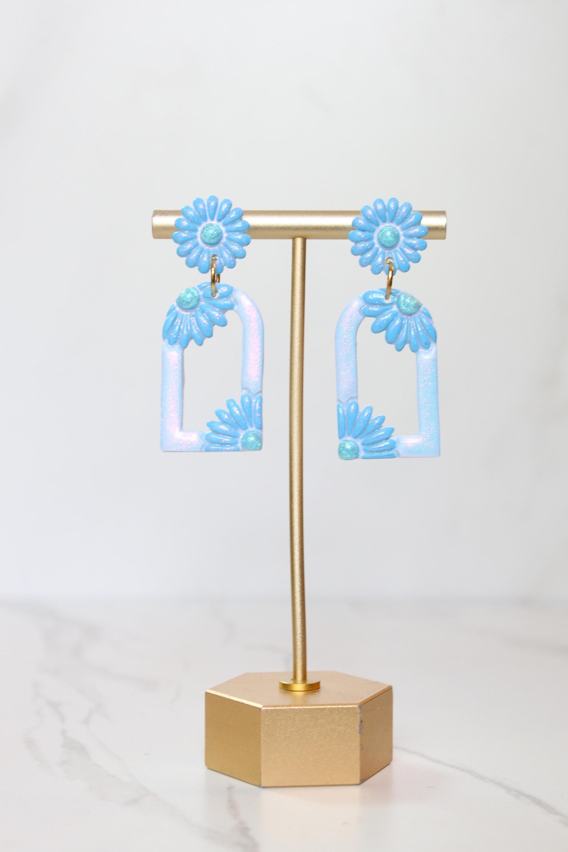 Pastel Blue Floral Arch Statement Earrings | Iridescent Daisy Polymer Clay Dangles | Elegant Shimmer Summer Jewelry