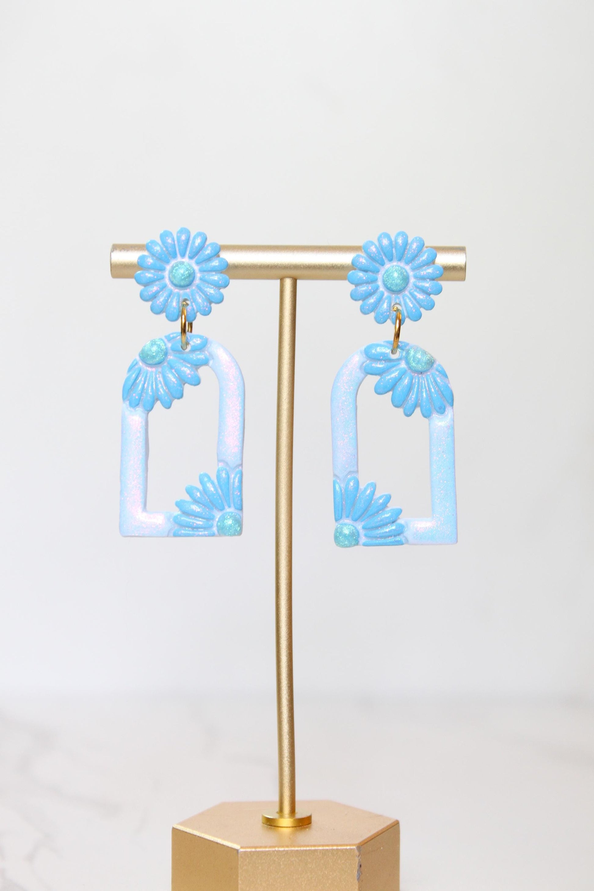 Pastel Blue Floral Arch Statement Earrings | Iridescent Daisy Polymer Clay Dangles | Elegant Shimmer Summer Jewelry
