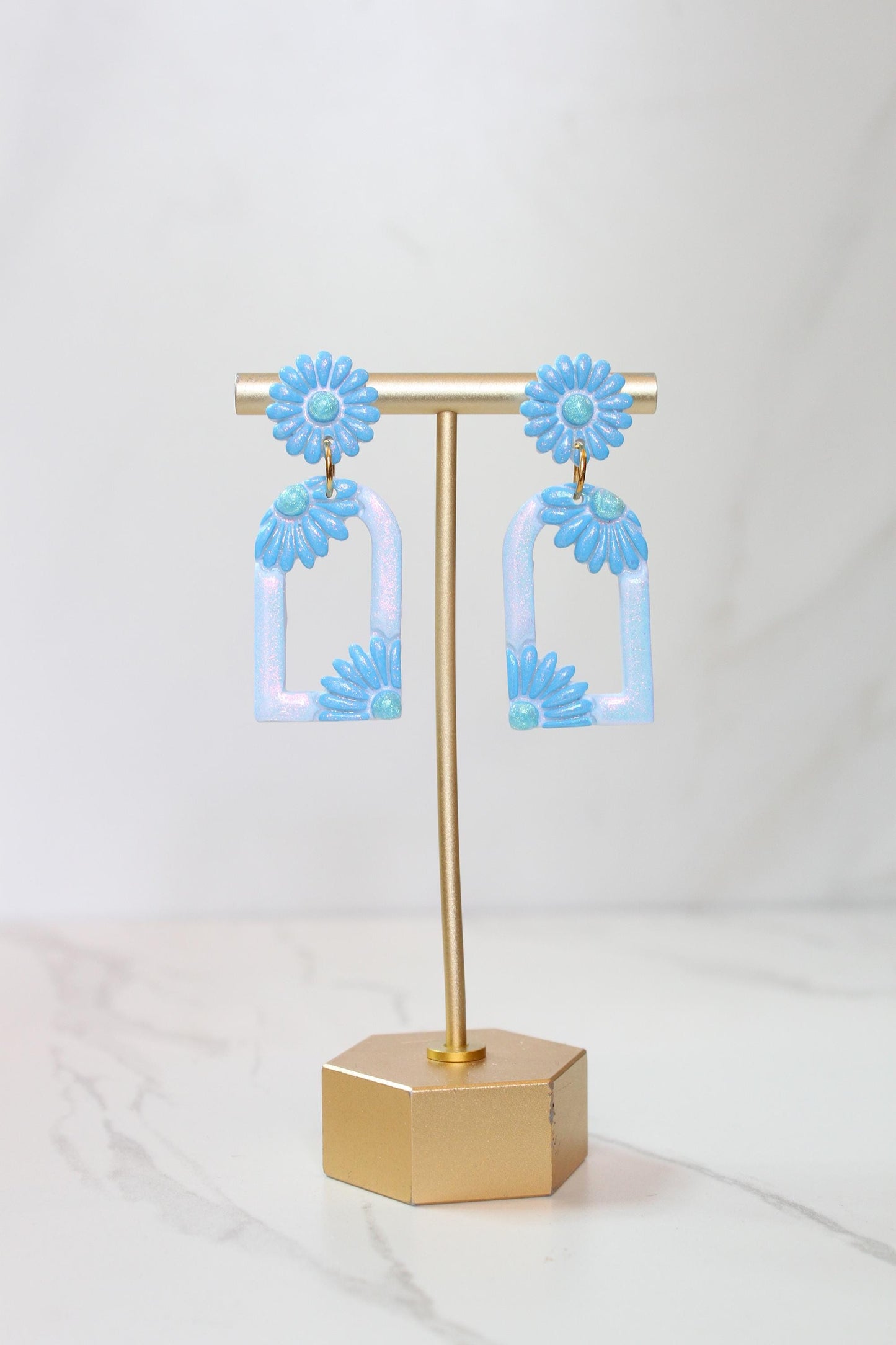 Pastel Blue Floral Arch Statement Earrings | Iridescent Daisy Polymer Clay Dangles | Elegant Shimmer Summer Jewelry