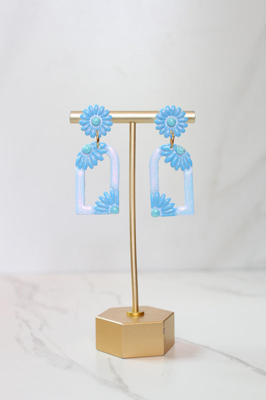 Pastel Blue Floral Arch Statement Earrings | Iridescent Daisy Polymer Clay Dangles | Elegant Shimmer Summer Jewelry