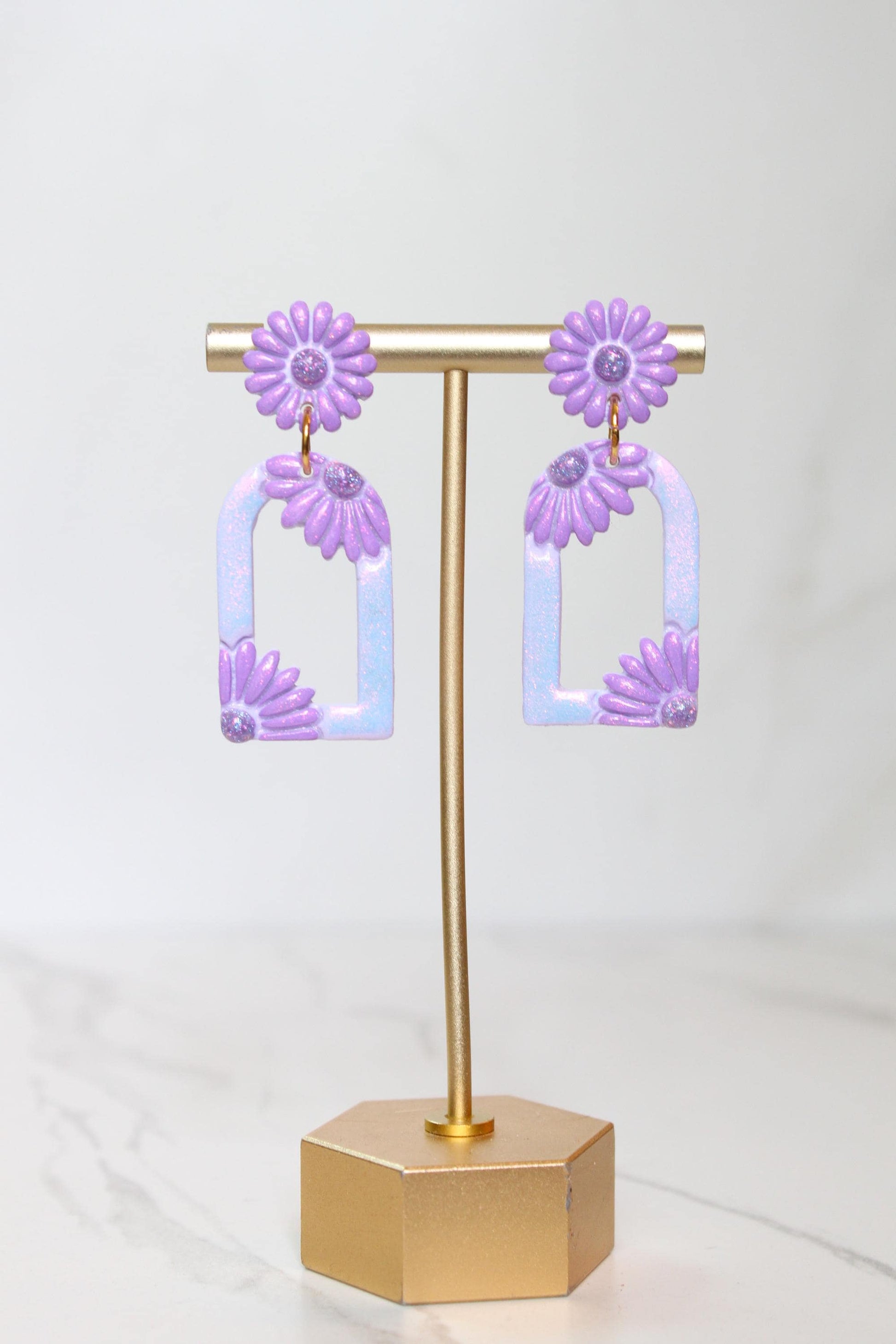 Pastel Purple Floral Arch Statement Earrings | Iridescent Daisy Polymer Clay Dangles | Elegant Shimmer Summer Jewelry
