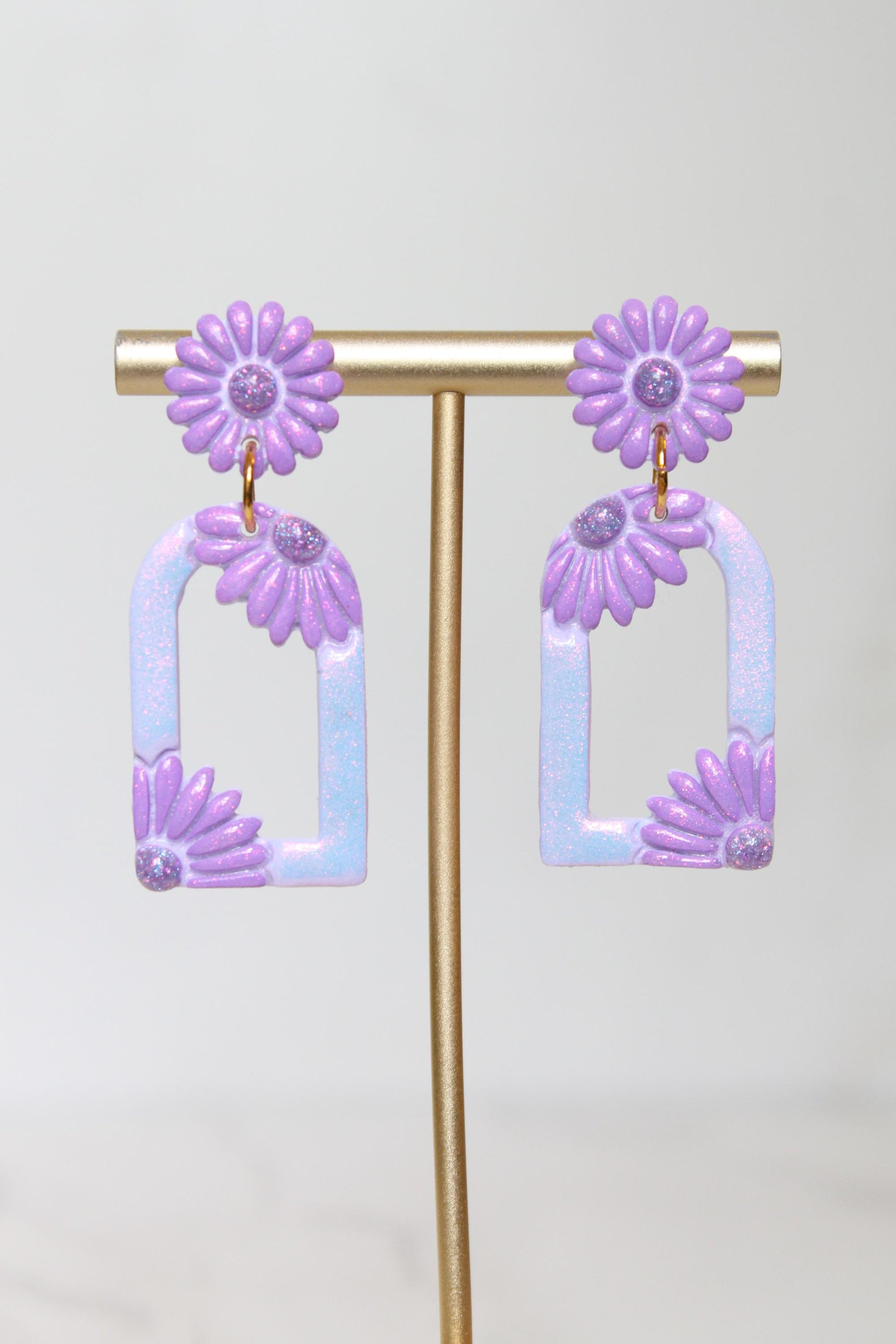 Pastel Purple Floral Arch Statement Earrings | Iridescent Daisy Polymer Clay Dangles | Elegant Shimmer Summer Jewelry