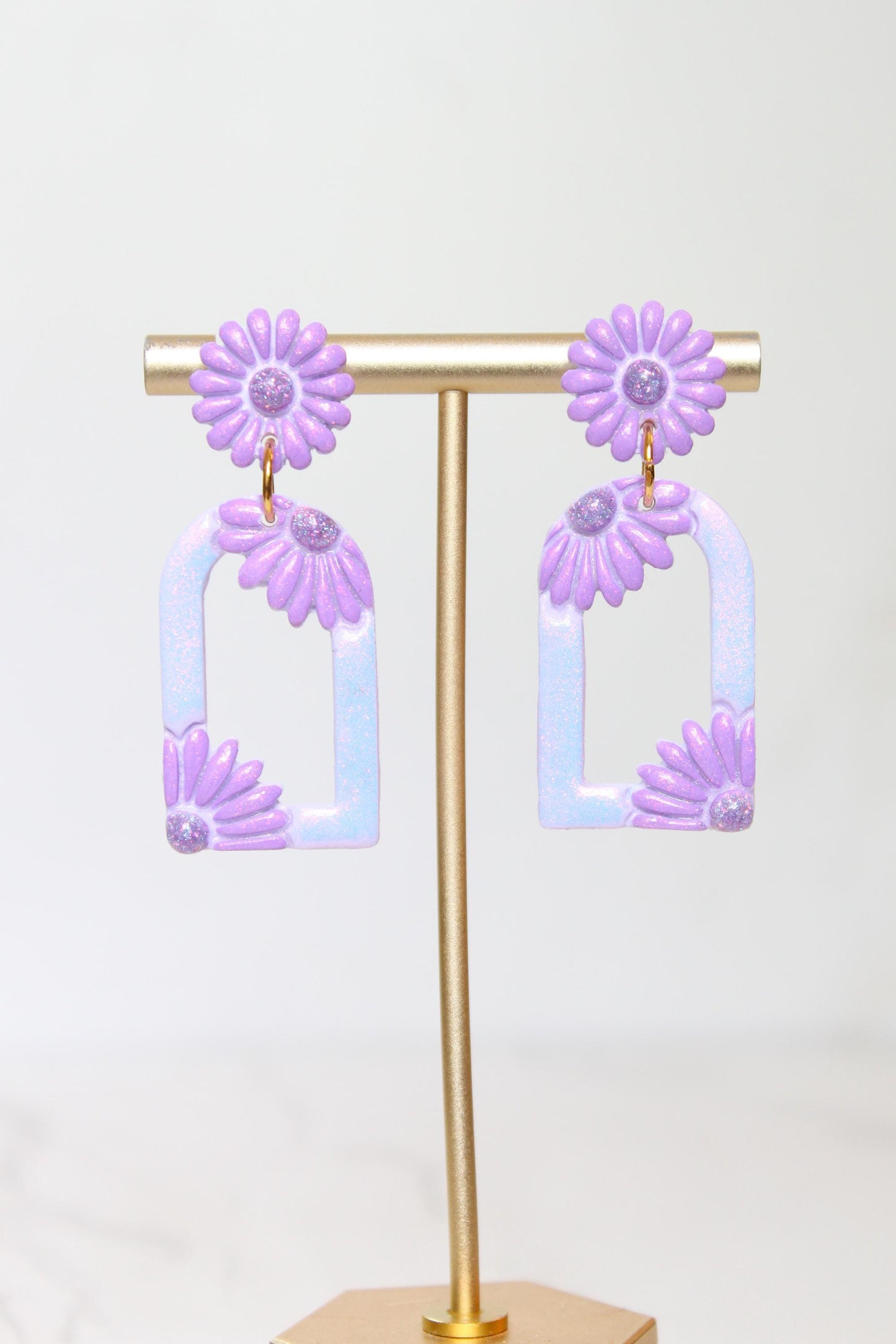 Pastel Purple Floral Arch Statement Earrings | Iridescent Daisy Polymer Clay Dangles | Elegant Shimmer Summer Jewelry