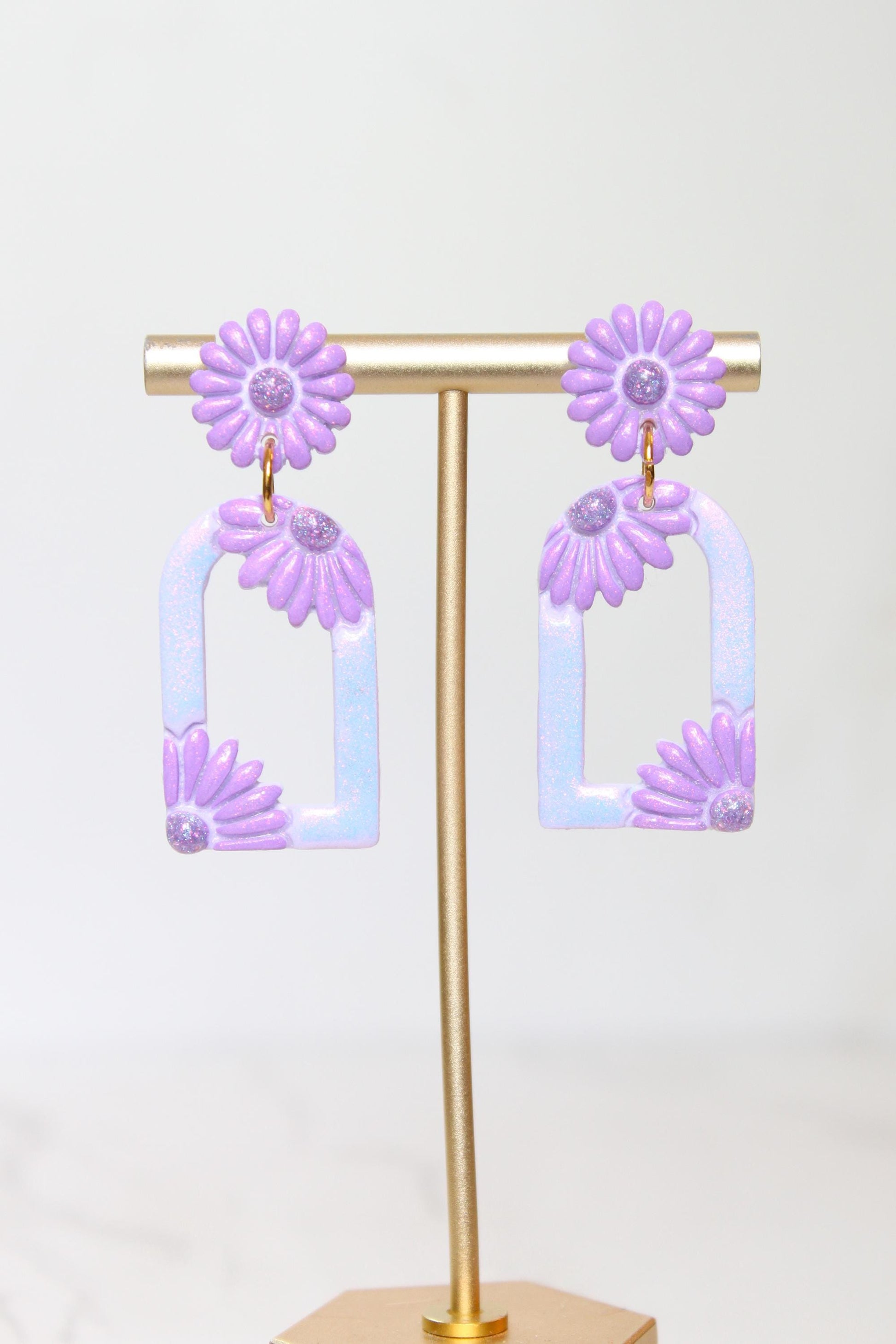 Pastel Purple Floral Arch Statement Earrings | Iridescent Daisy Polymer Clay Dangles | Elegant Shimmer Summer Jewelry