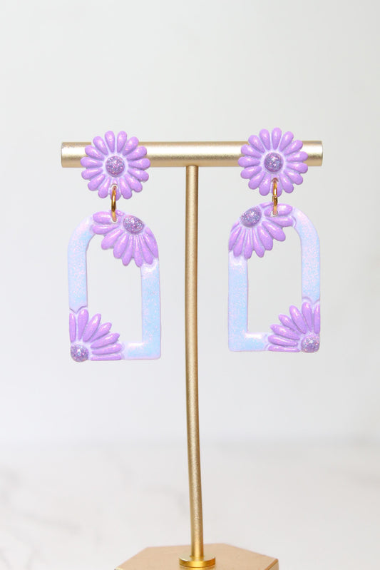 Pastel Purple Floral Arch Statement Earrings | Iridescent Daisy Polymer Clay Dangles | Elegant Shimmer Summer Jewelry