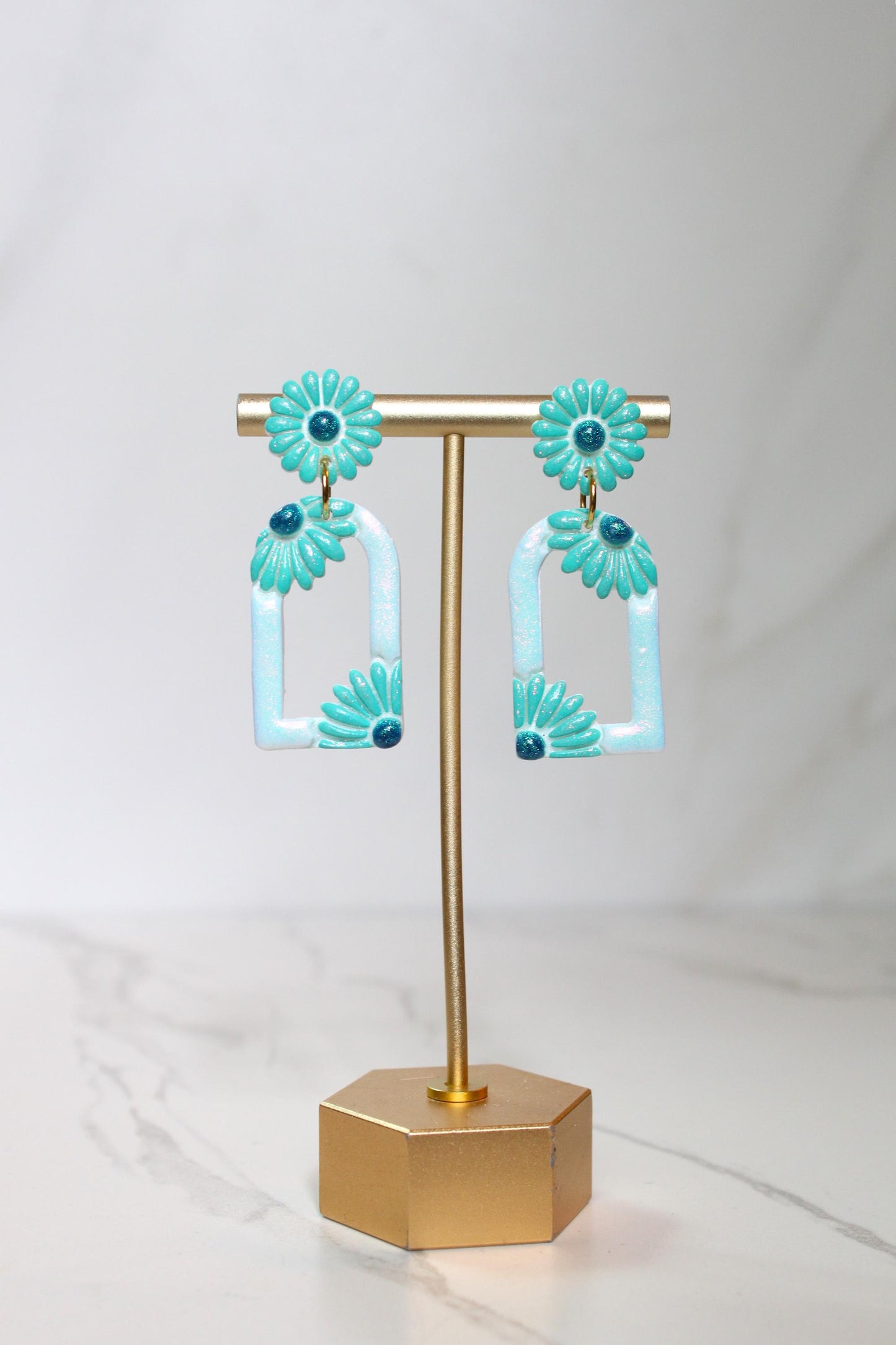 Pastel Teal Floral Arch Statement Earrings | Iridescent Daisy Polymer Clay Dangles | Elegant Shimmer Summer Jewelry