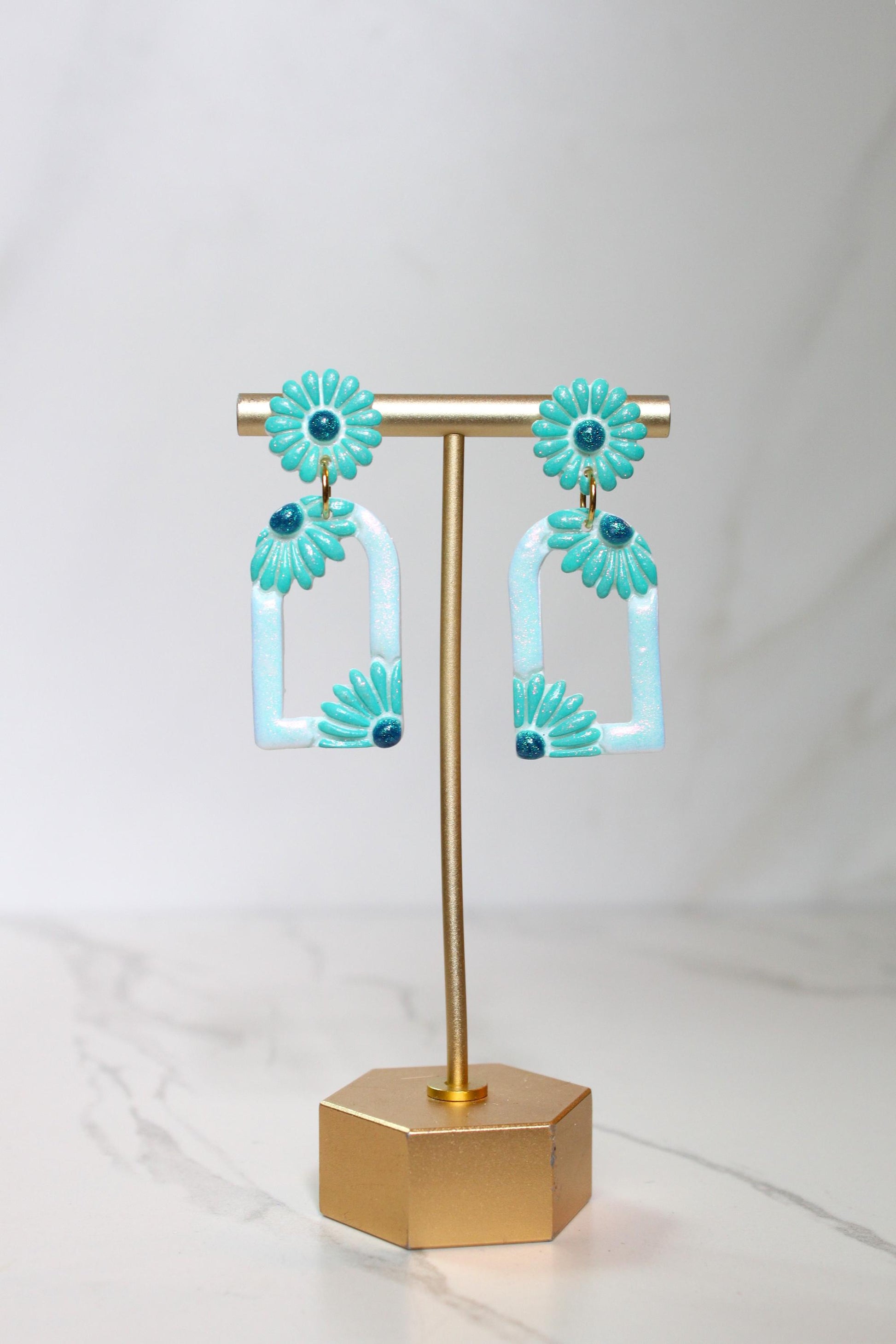 Pastel Teal Floral Arch Statement Earrings | Iridescent Daisy Polymer Clay Dangles | Elegant Shimmer Summer Jewelry