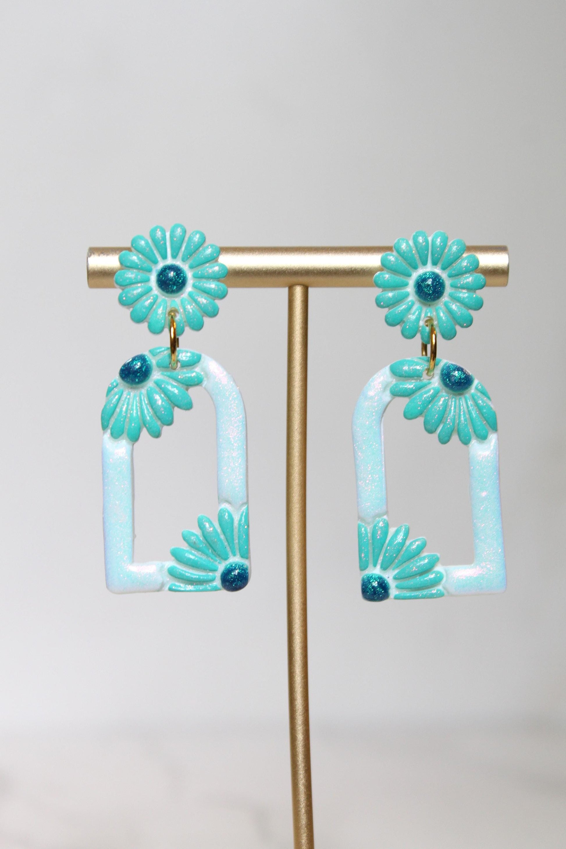 Pastel Teal Floral Arch Statement Earrings | Iridescent Daisy Polymer Clay Dangles | Elegant Shimmer Summer Jewelry