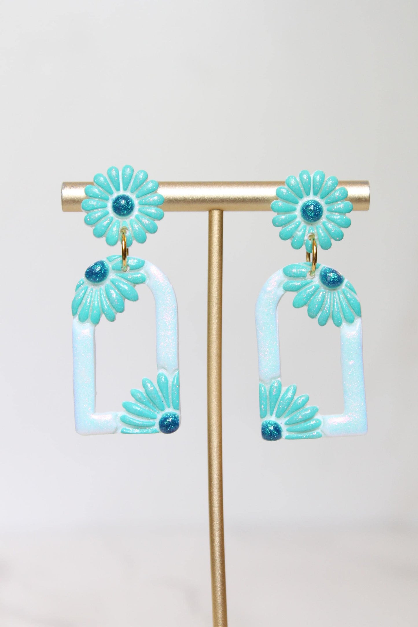 Pastel Teal Floral Arch Statement Earrings | Iridescent Daisy Polymer Clay Dangles | Elegant Shimmer Summer Jewelry