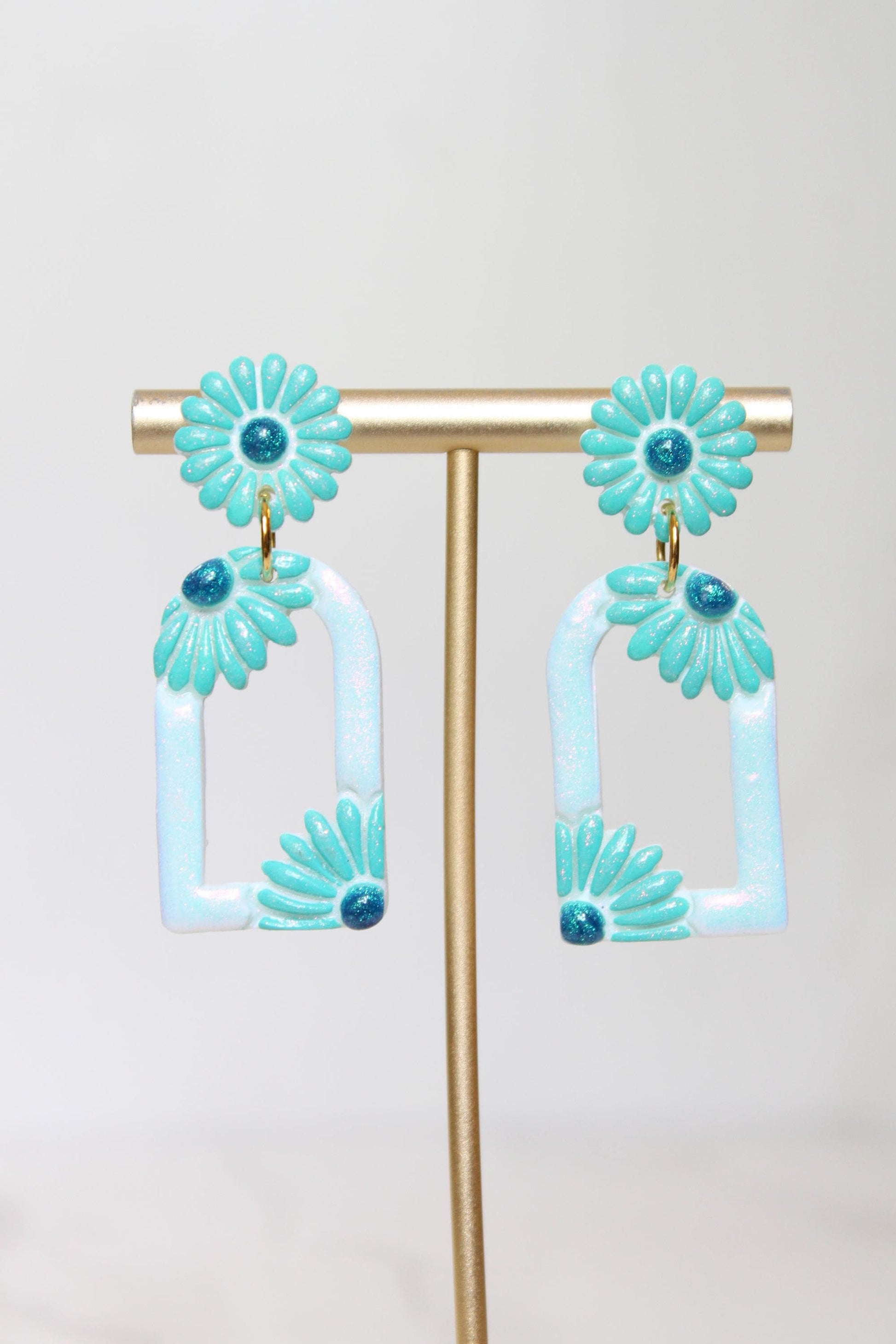 Pastel Teal Floral Arch Statement Earrings | Iridescent Daisy Polymer Clay Dangles | Elegant Shimmer Summer Jewelry