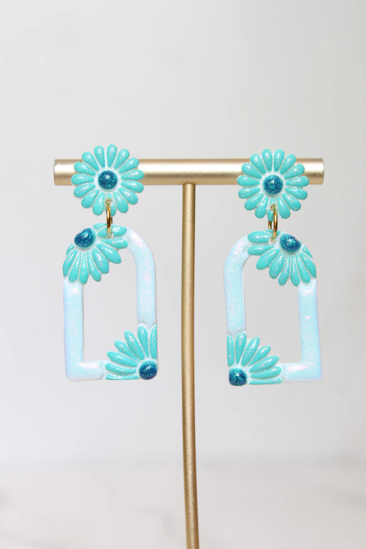Pastel Teal Floral Arch Statement Earrings | Iridescent Daisy Polymer Clay Dangles | Elegant Shimmer Summer Jewelry