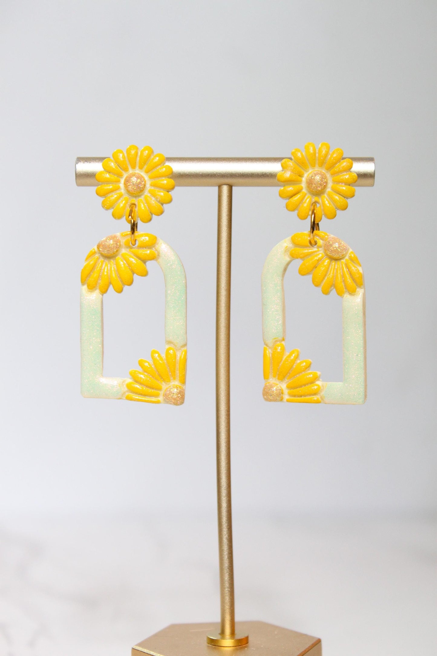 Pastel Yellow Floral Arch Statement Earrings | Iridescent Daisy Polymer Clay Dangles | Elegant Shimmer Summer Jewelry
