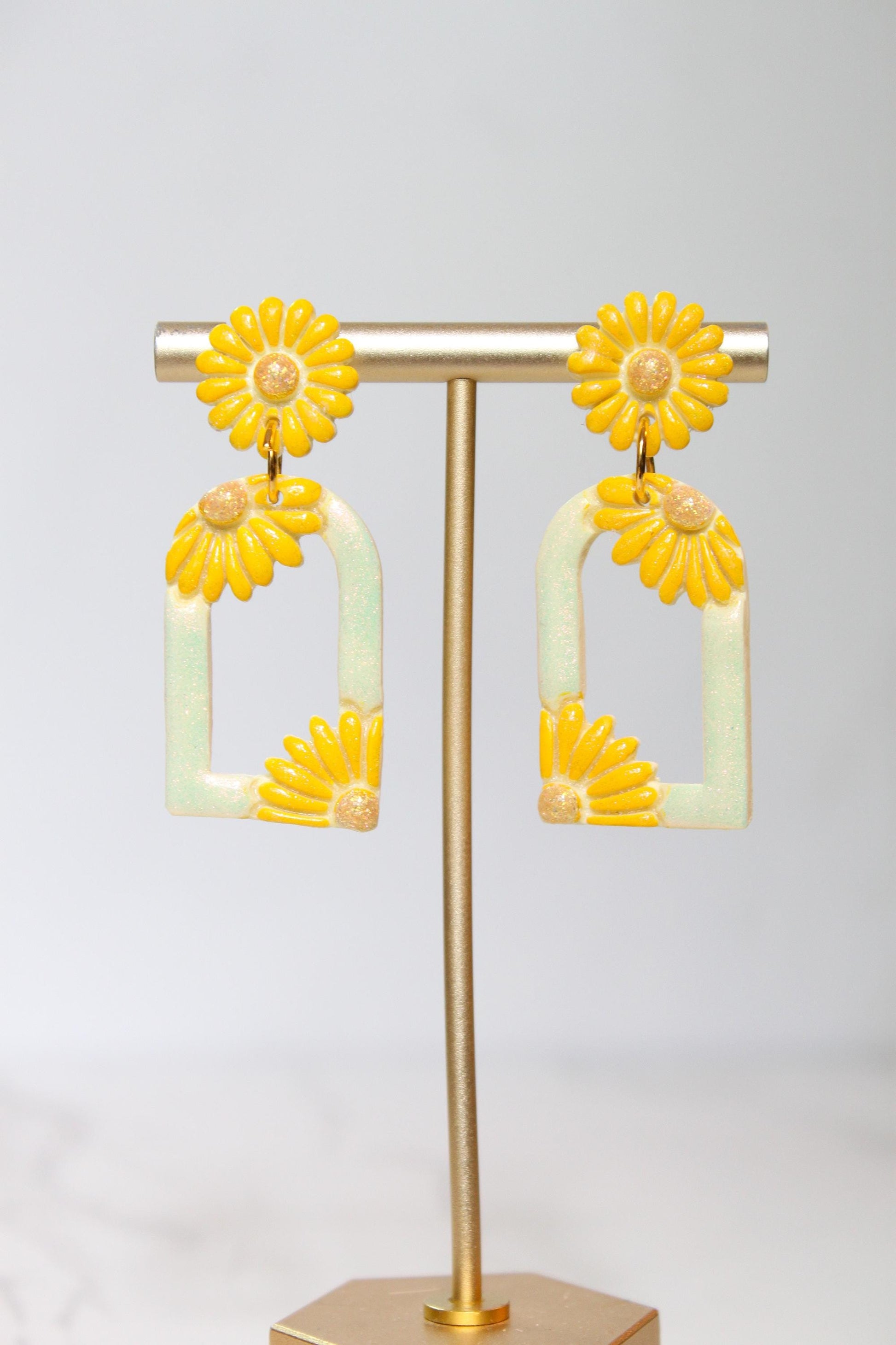 Pastel Yellow Floral Arch Statement Earrings | Iridescent Daisy Polymer Clay Dangles | Elegant Shimmer Summer Jewelry
