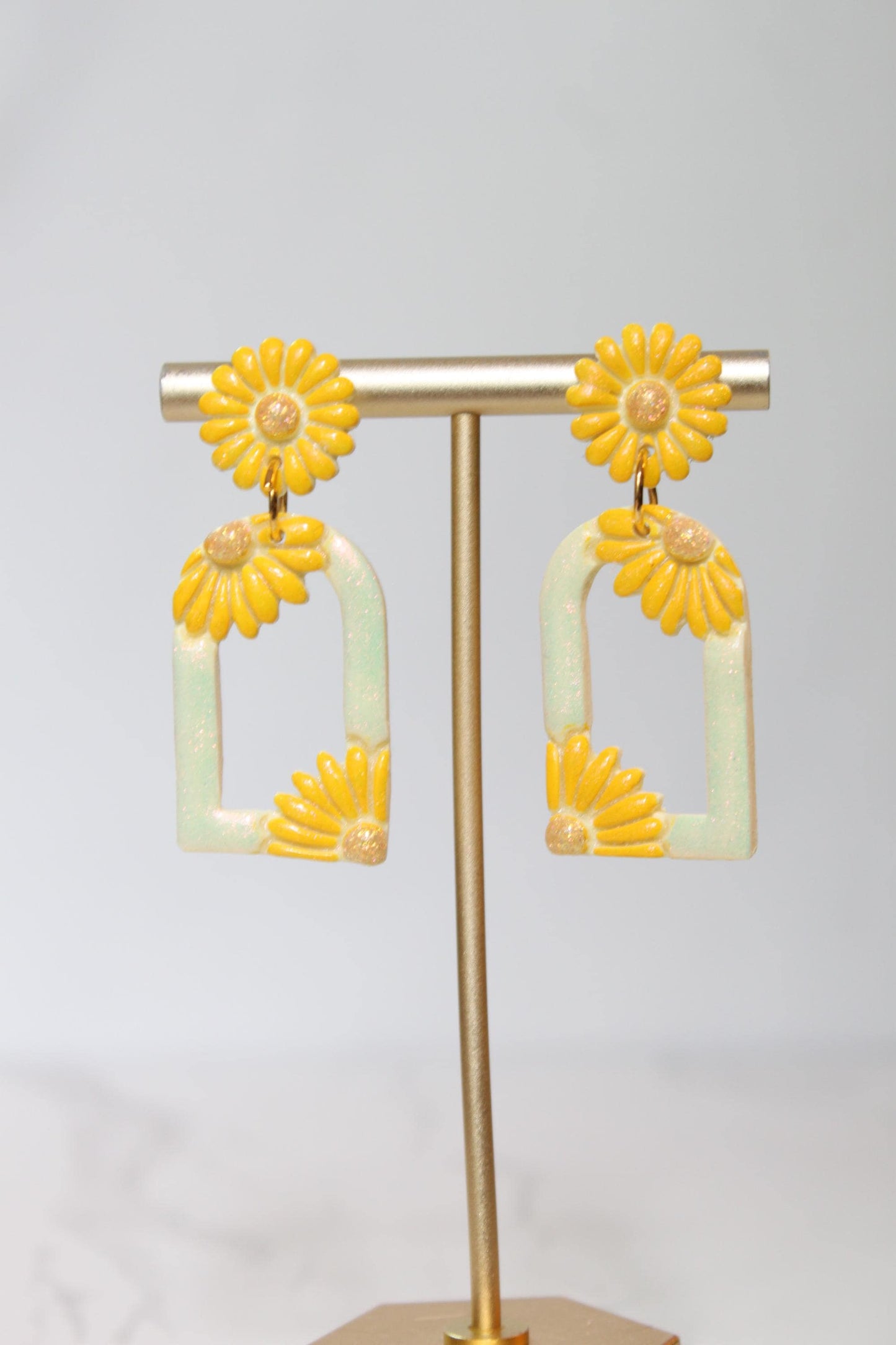 Pastel Yellow Floral Arch Statement Earrings | Iridescent Daisy Polymer Clay Dangles | Elegant Shimmer Summer Jewelry