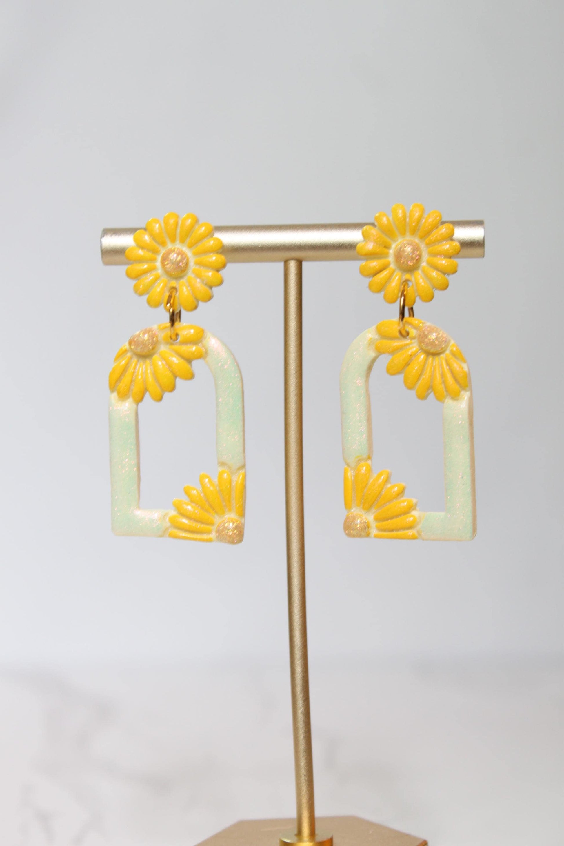 Pastel Yellow Floral Arch Statement Earrings | Iridescent Daisy Polymer Clay Dangles | Elegant Shimmer Summer Jewelry