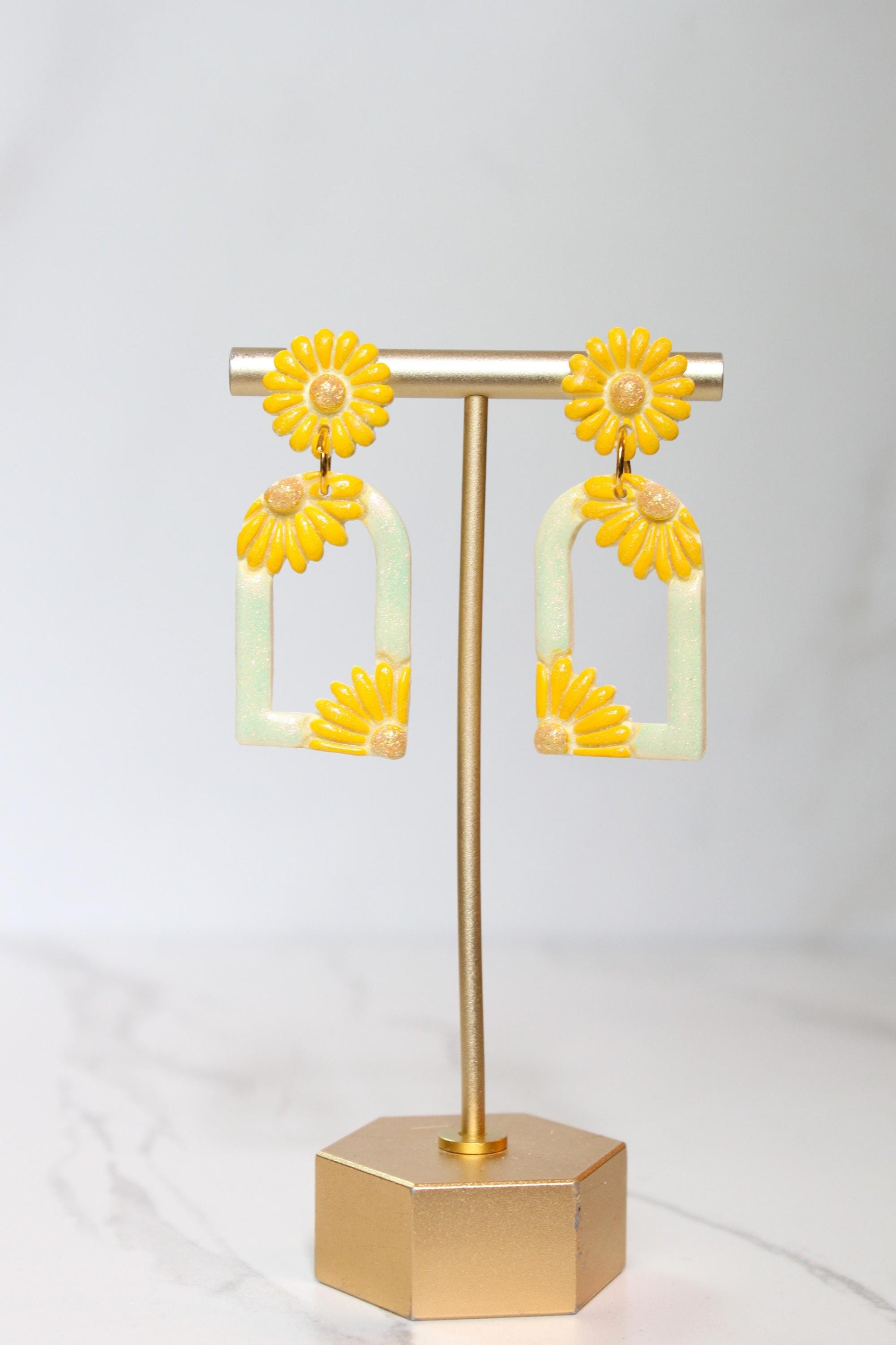 Pastel Yellow Floral Arch Statement Earrings | Iridescent Daisy Polymer Clay Dangles | Elegant Shimmer Summer Jewelry