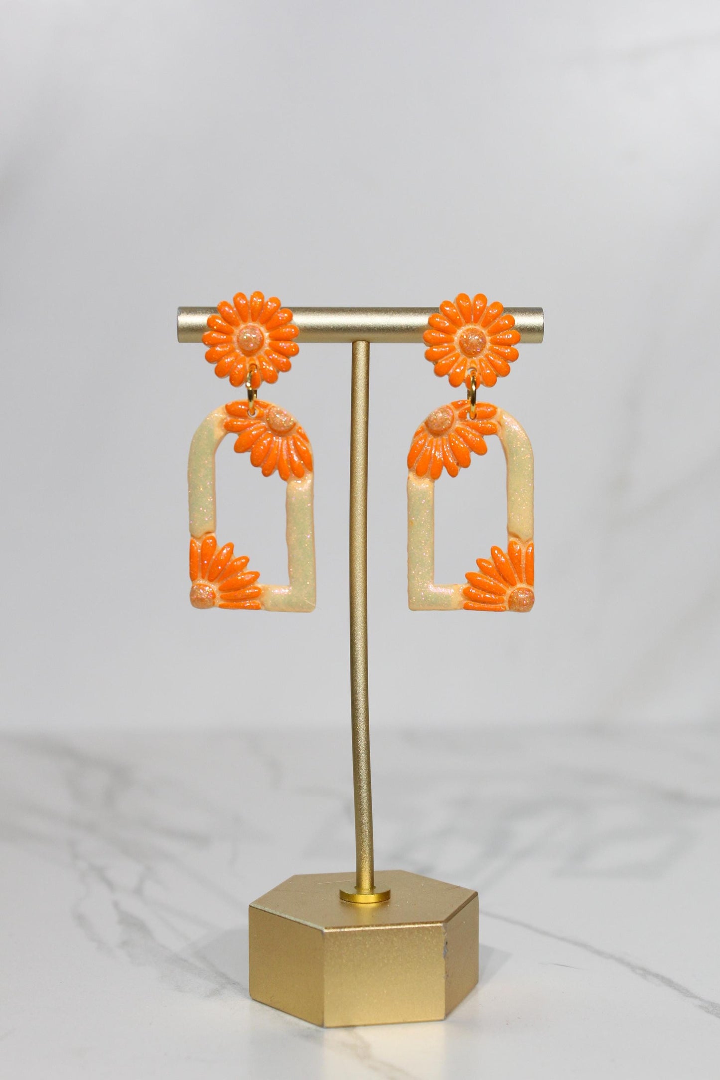 Pastel Orange Floral Arch Statement Earrings | Iridescent Daisy Polymer Clay Dangles | Elegant Shimmer Summer Jewelry