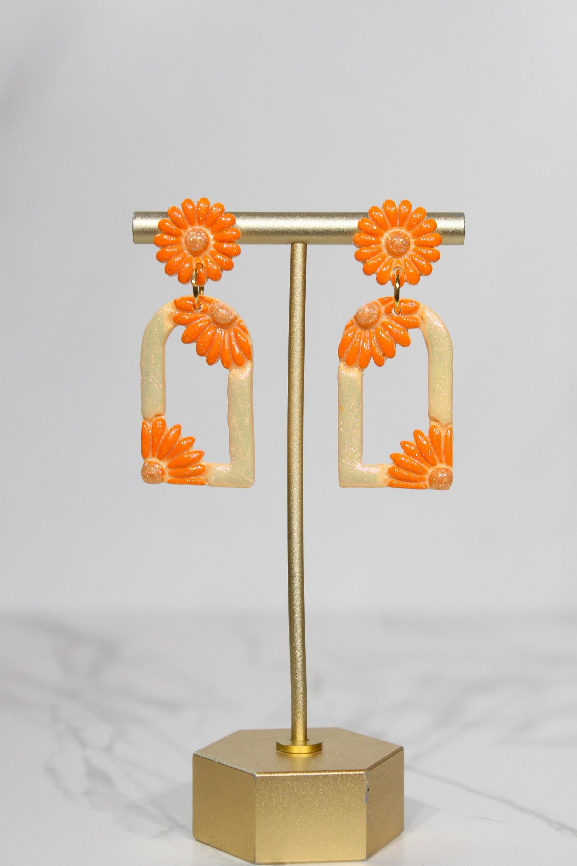 Pastel Orange Floral Arch Statement Earrings | Iridescent Daisy Polymer Clay Dangles | Elegant Shimmer Summer Jewelry