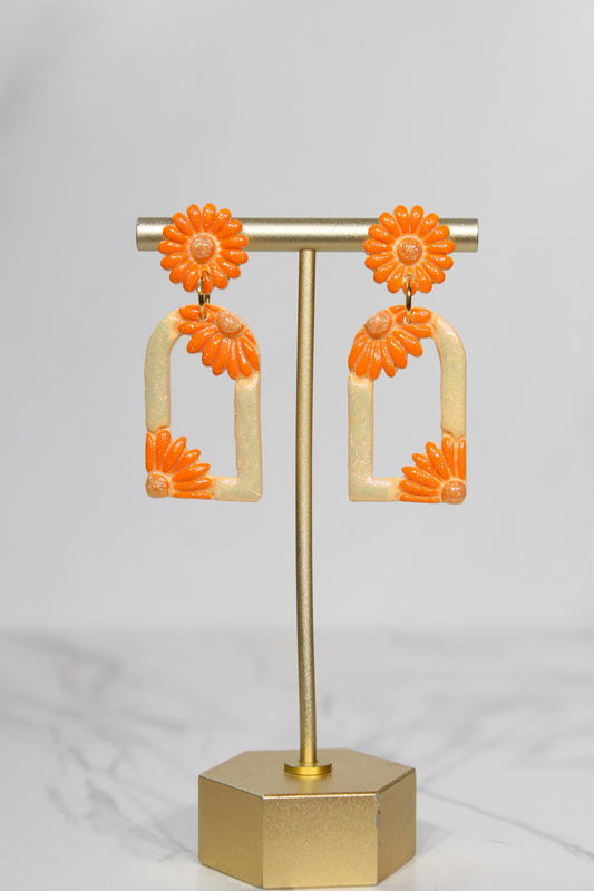 Pastel Orange Floral Arch Statement Earrings | Iridescent Daisy Polymer Clay Dangles | Elegant Shimmer Summer Jewelry