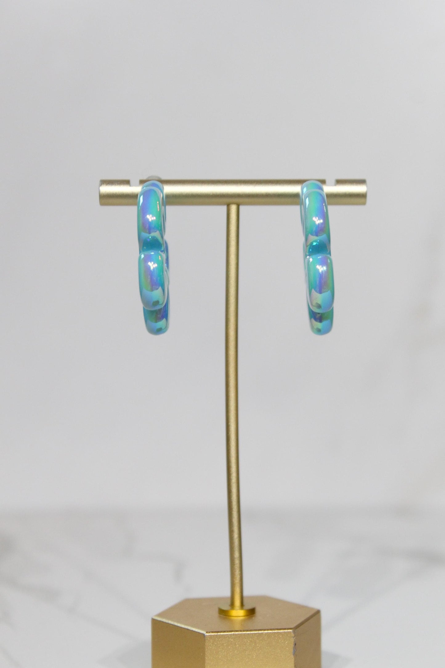 Iridescent Aqua Wavy Flower Hoop Earrings | Resin Coastal Statement Jewelry