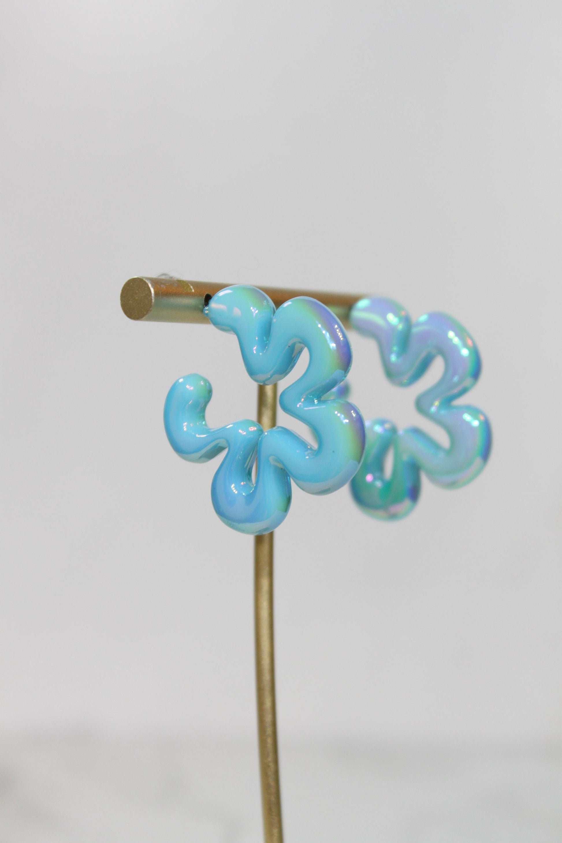 Iridescent Aqua Wavy Flower Hoop Earrings | Resin Coastal Statement Jewelry