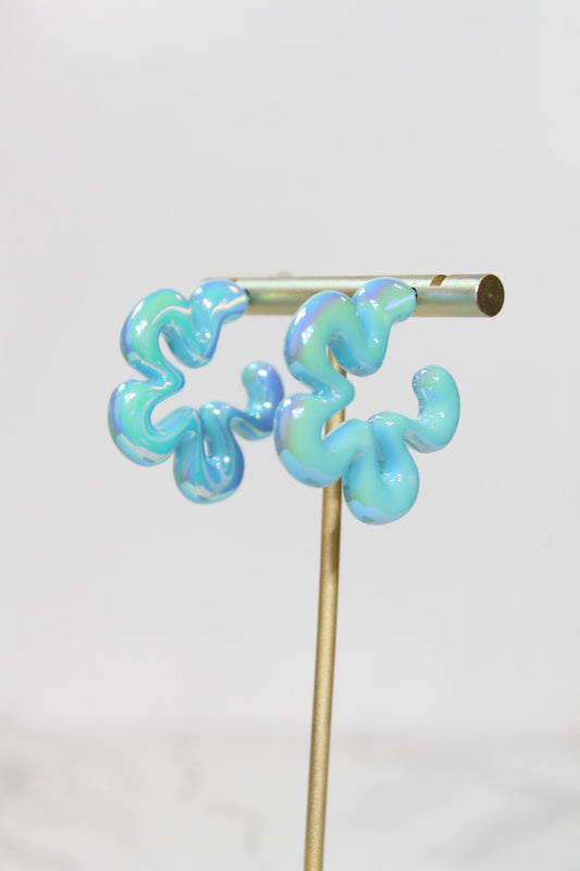 Iridescent Aqua Wavy Flower Hoop Earrings | Resin Coastal Statement Jewelry