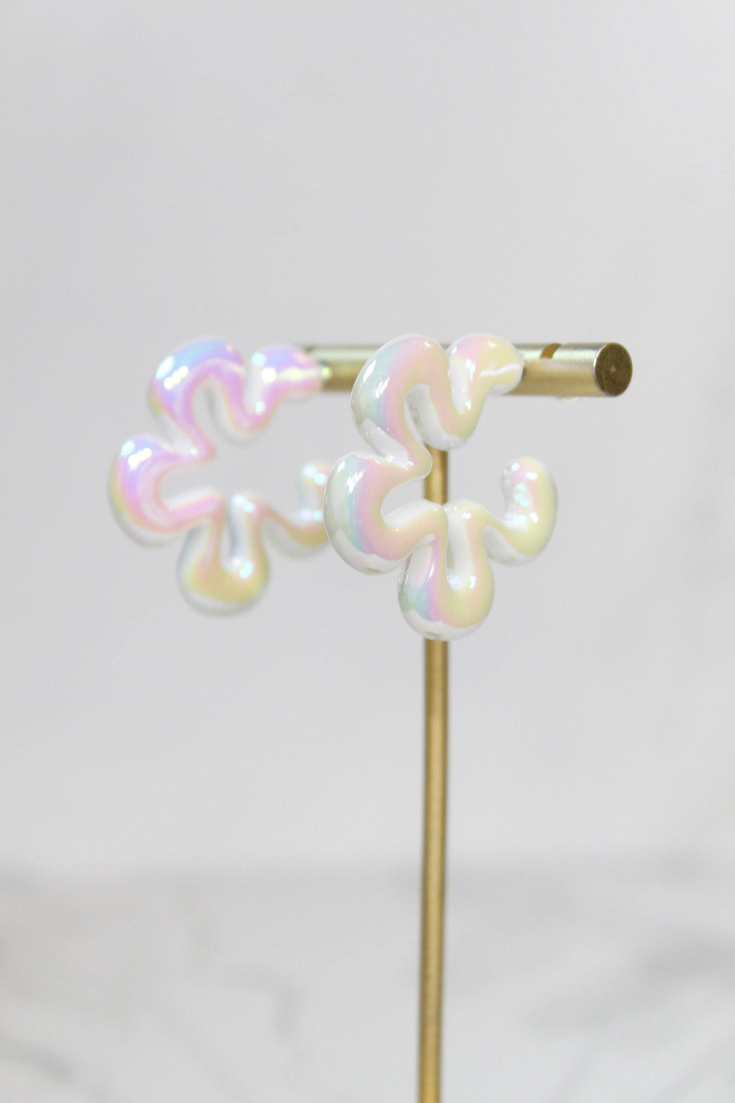 Iridescent White Wavy Flower Hoop Earrings | High-Gloss Shimmer Flower Hoops | Pastel Statement Jewelry | Modern Coastal Dangles