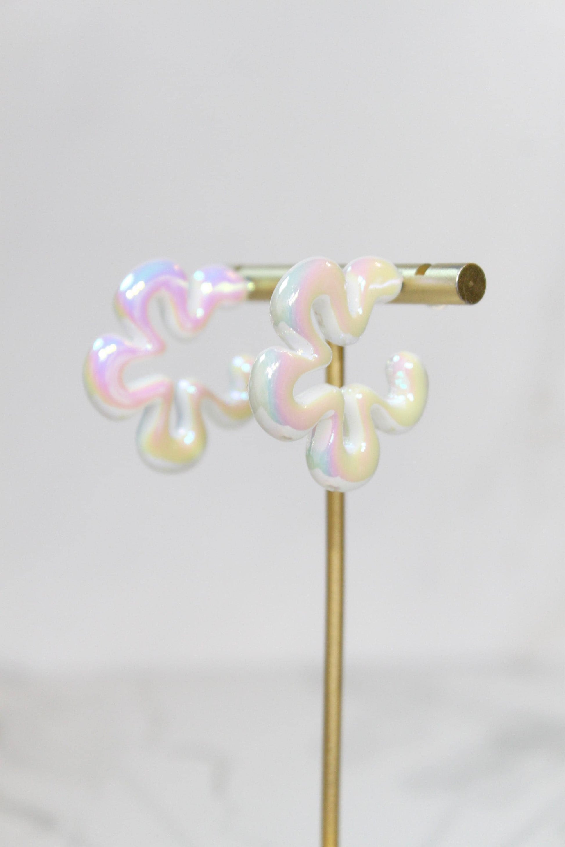 Iridescent White Wavy Flower Hoop Earrings | High-Gloss Shimmer Flower Hoops | Pastel Statement Jewelry | Modern Coastal Dangles