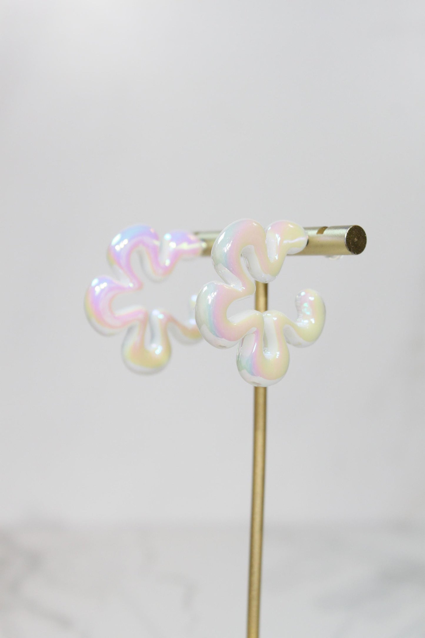 Iridescent White Wavy Flower Hoop Earrings | High-Gloss Shimmer Flower Hoops | Pastel Statement Jewelry | Modern Coastal Dangles