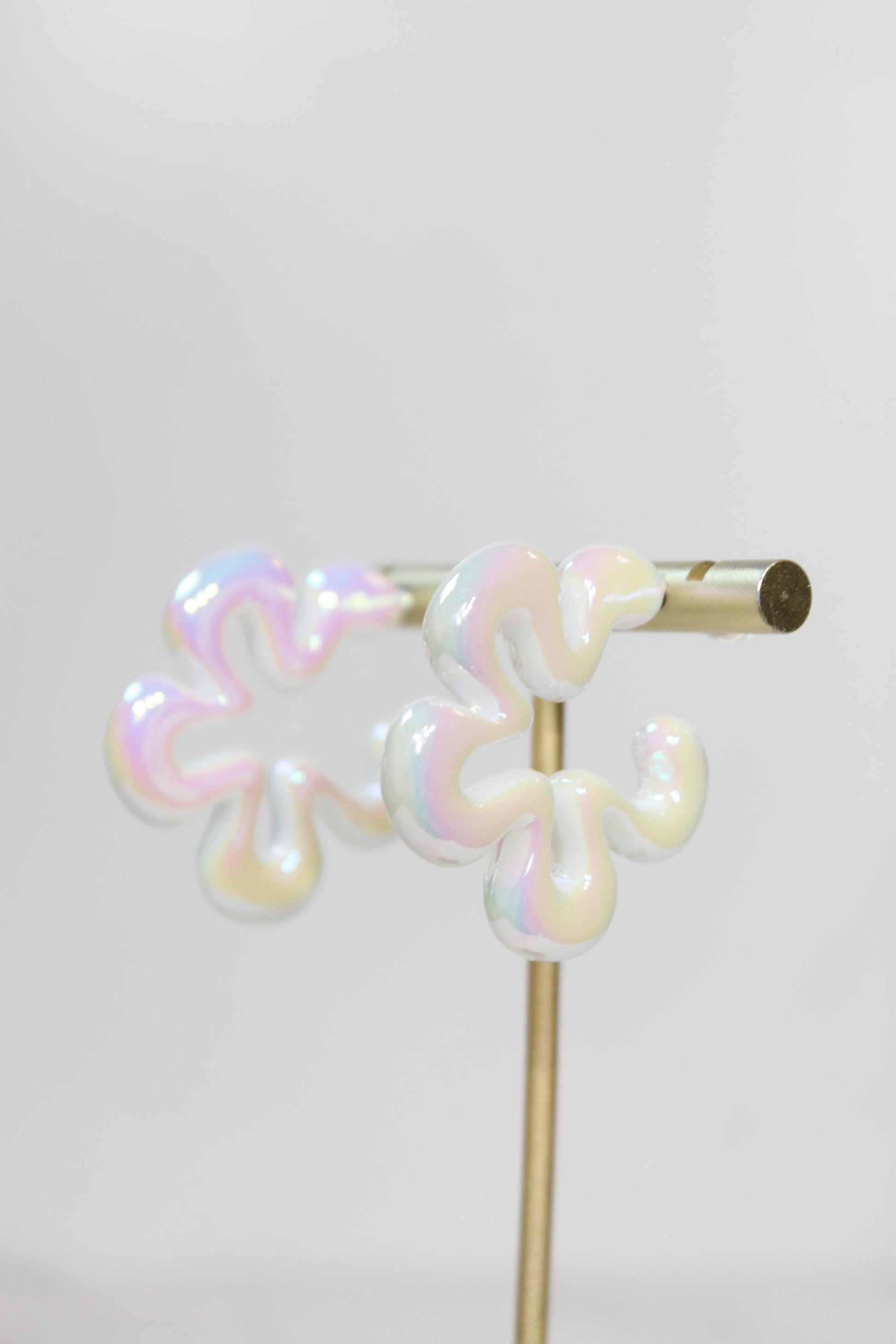 Iridescent White Wavy Flower Hoop Earrings | High-Gloss Shimmer Flower Hoops | Pastel Statement Jewelry | Modern Coastal Dangles